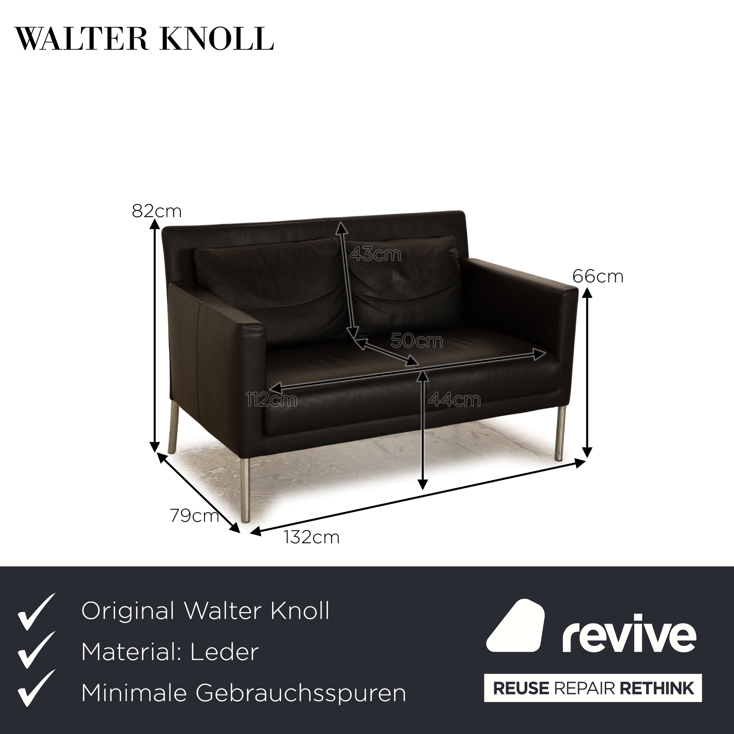 Walter Knoll Jason Leather Two Seater Black Sofa Couch