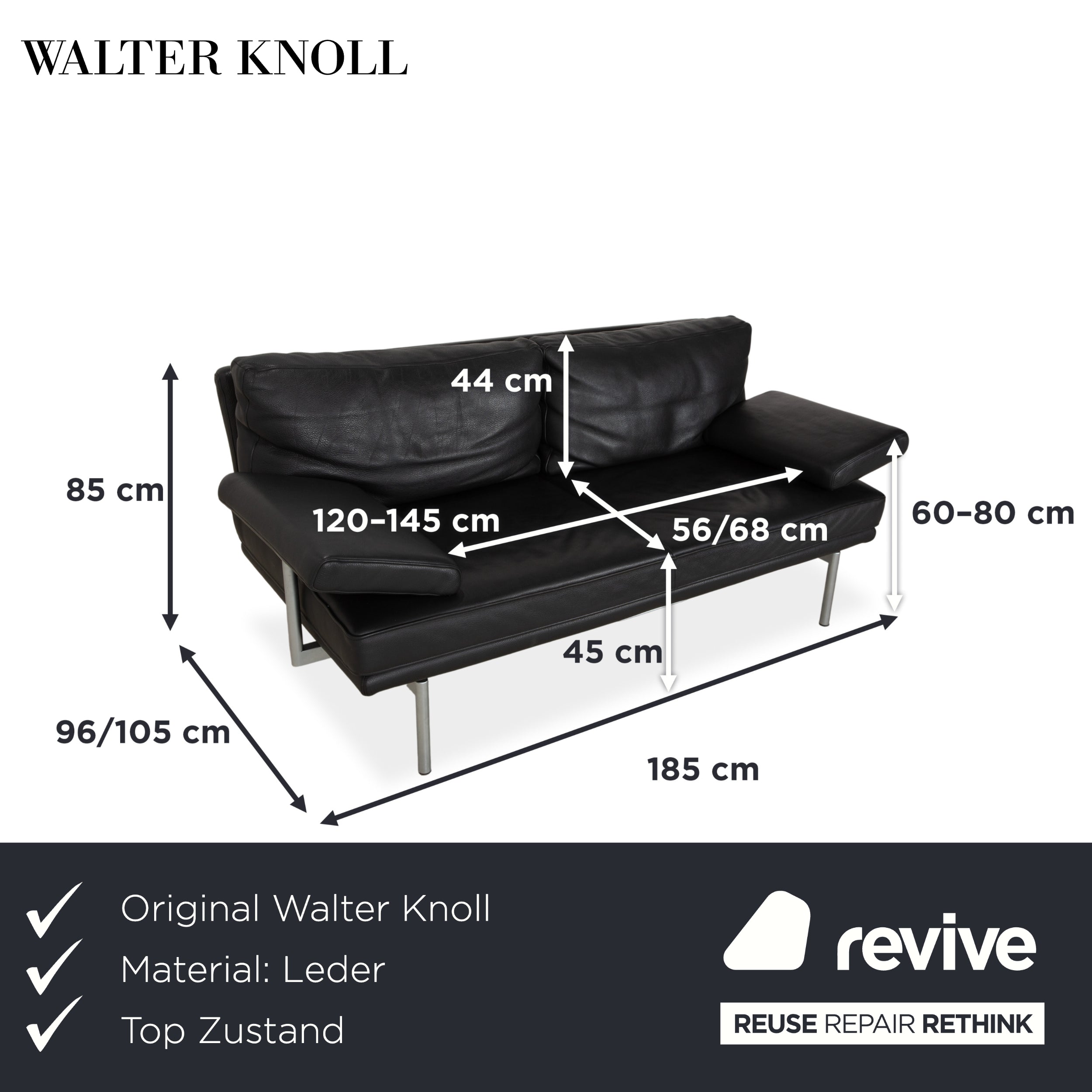 Walter Knoll Living Platform Leather Two Seater Black Sofa Couch