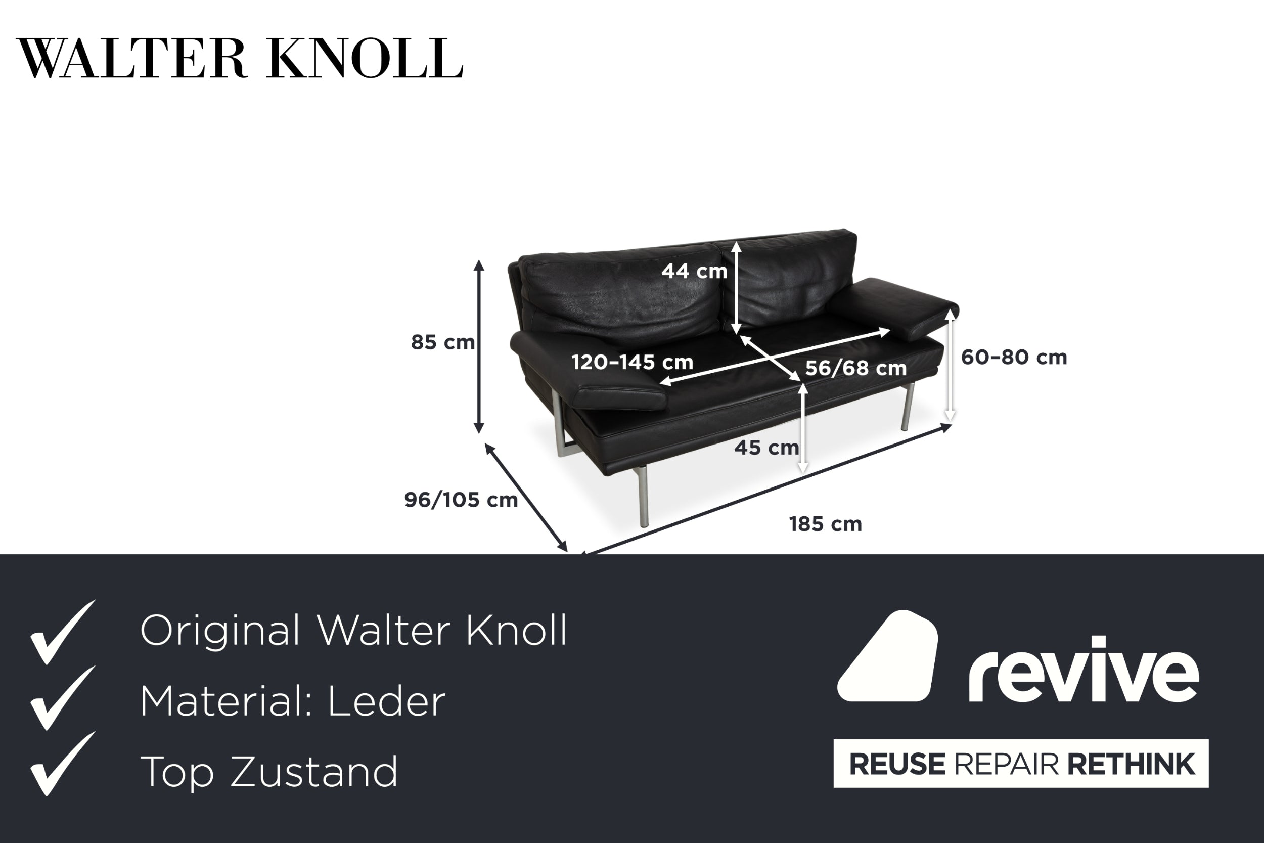 Walter Knoll Living Platform Leather Two Seater Black Sofa Couch