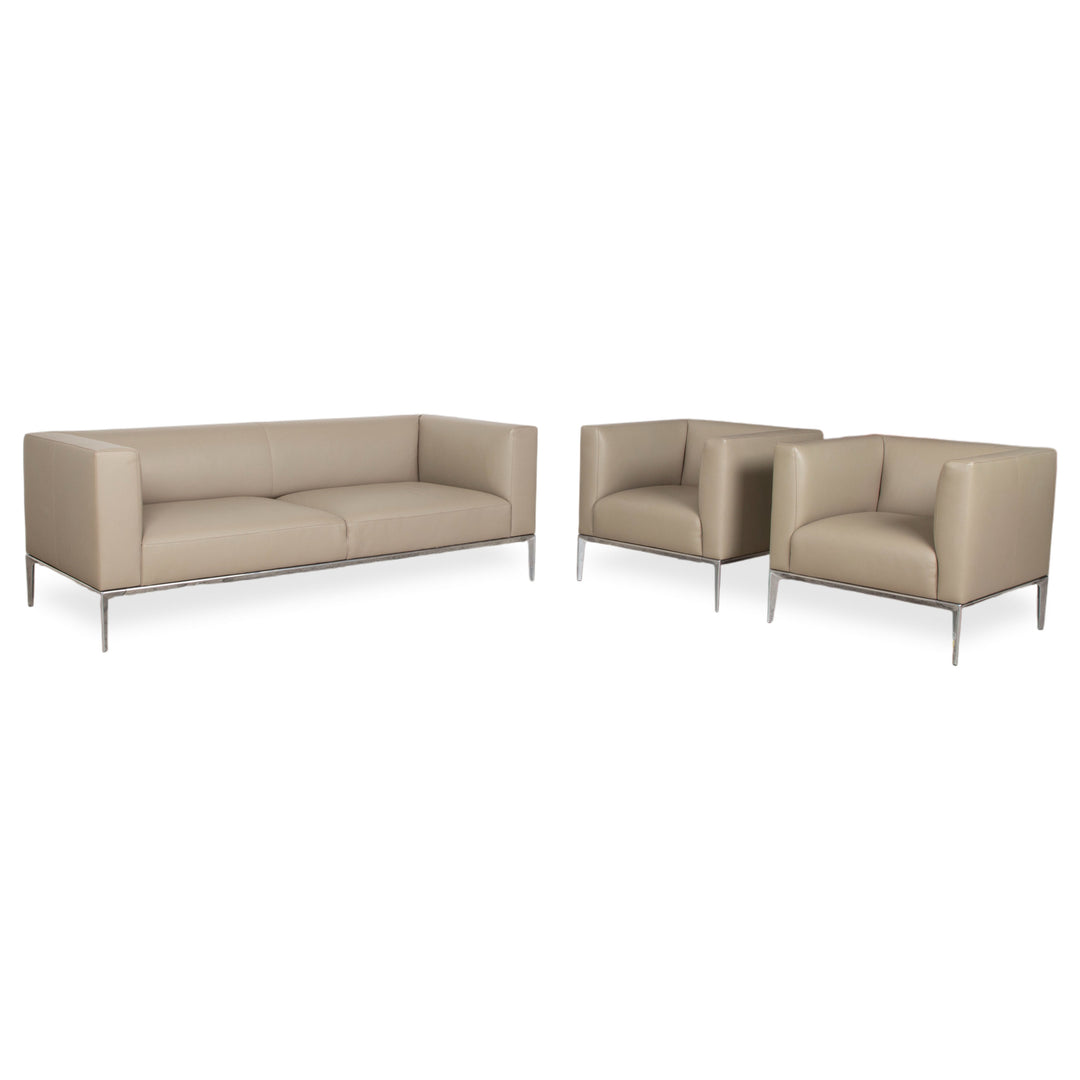 Walter Knool Jaan Garnitur Leder Chrom Dreisitzer Sessel Creme Beige Sofa Couch
