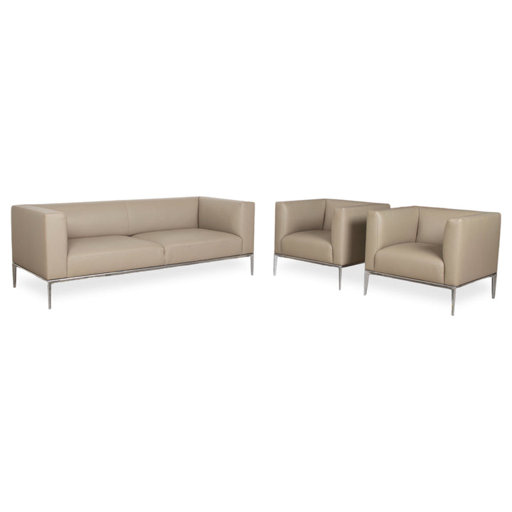 Walter Knool Jaan Garnitur Leder Chrom Dreisitzer Sessel Creme Beige Sofa Couch