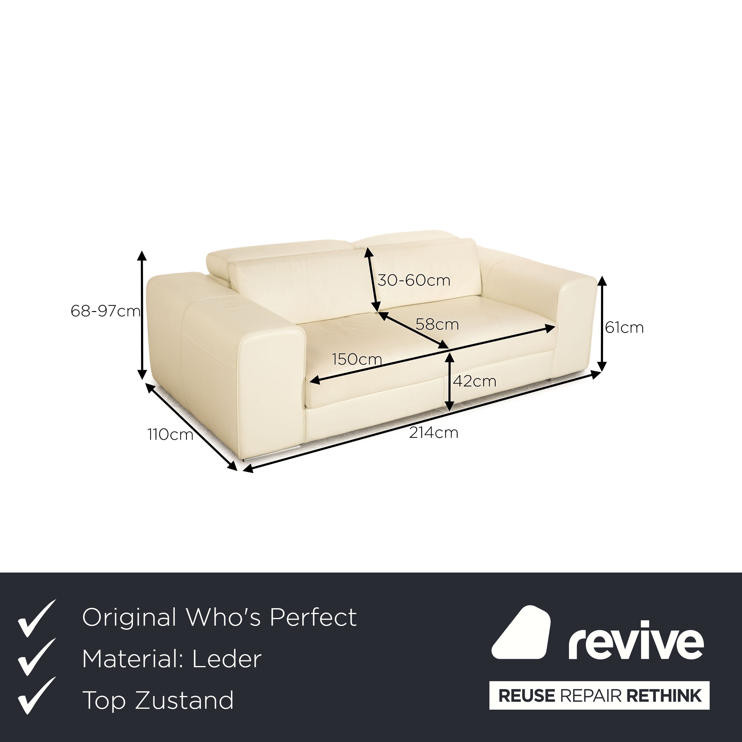 Who's Perfect Avenue Leder Zweisitzer Creme Sofa Couch manuelle Funktion