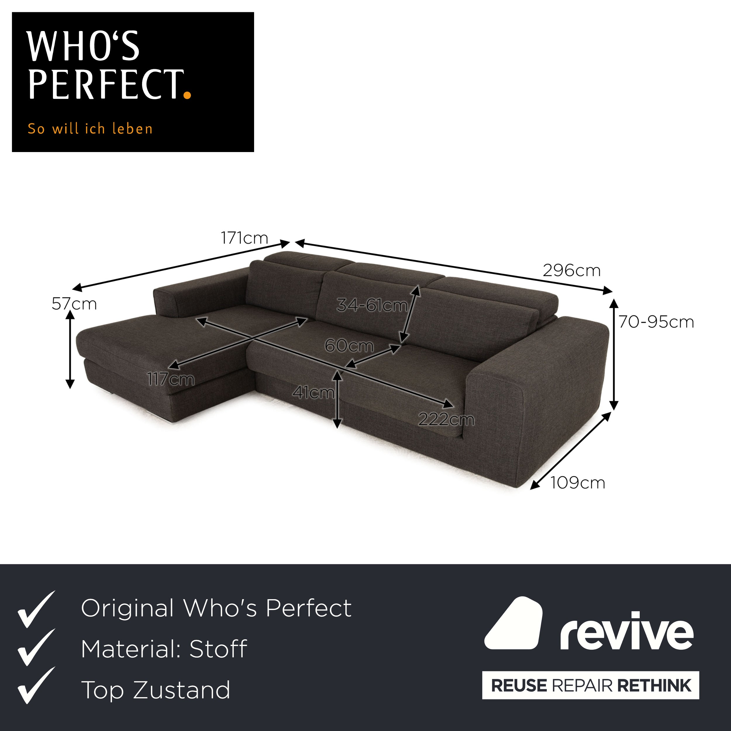 Who's Perfect Avenue Stoff Ecksofa Grau Sofa Couch manuelle Funktion Recamiere links