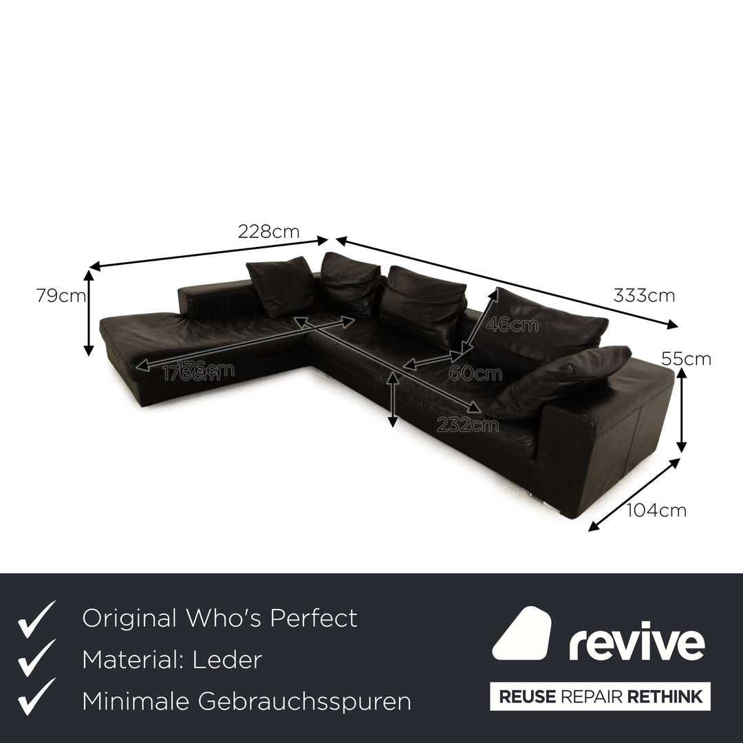 Who's Perfect HALMA Leather Corner Sofa Black Recamiere Left Sofa Couch
