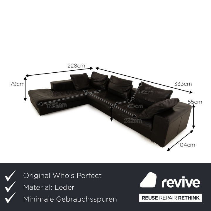 Who's Perfect HALMA Leather Corner Sofa Black Recamiere Left Sofa Couch