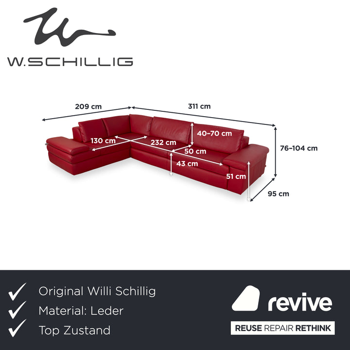 Canapé d'angle en cuir rouge Willi Schillig avec fonction manuelle