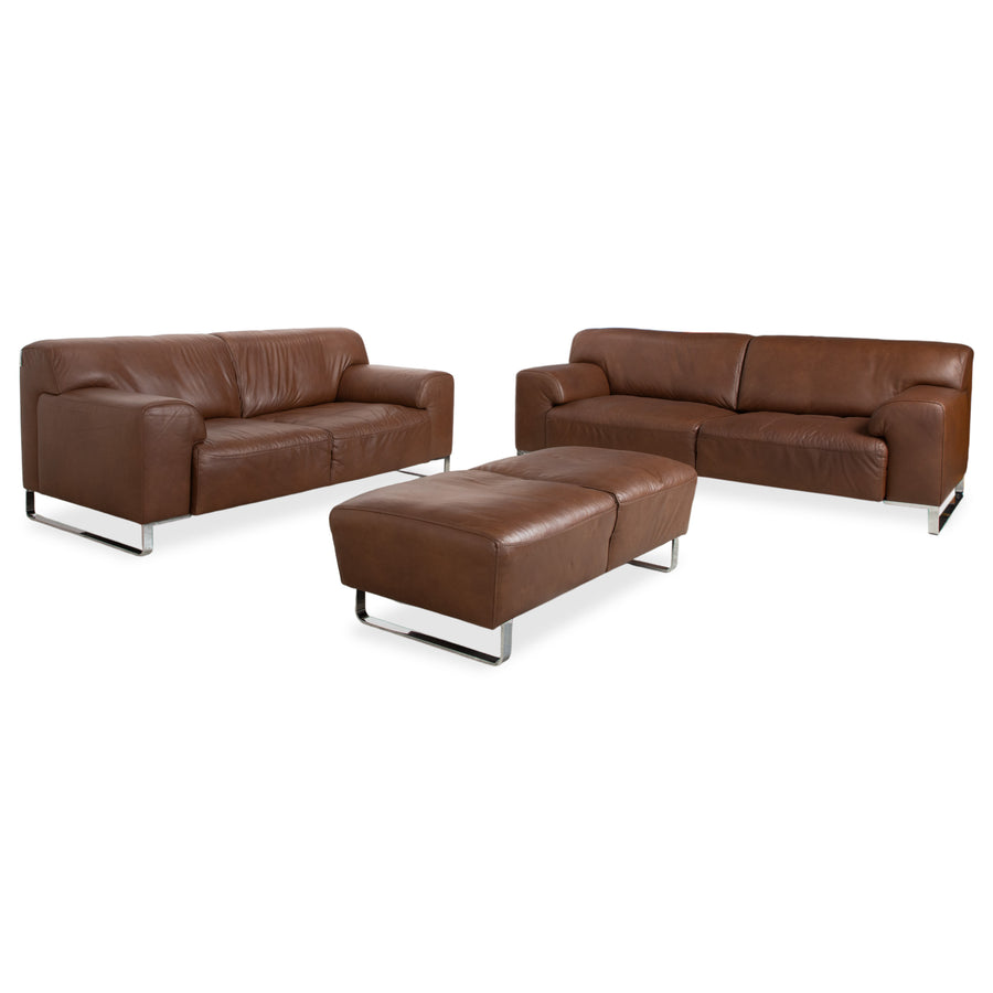 Willi Schillig Alessiio Leder Dreisitzer Zweisitzer Hocker Braun Mokka Sofa Couch