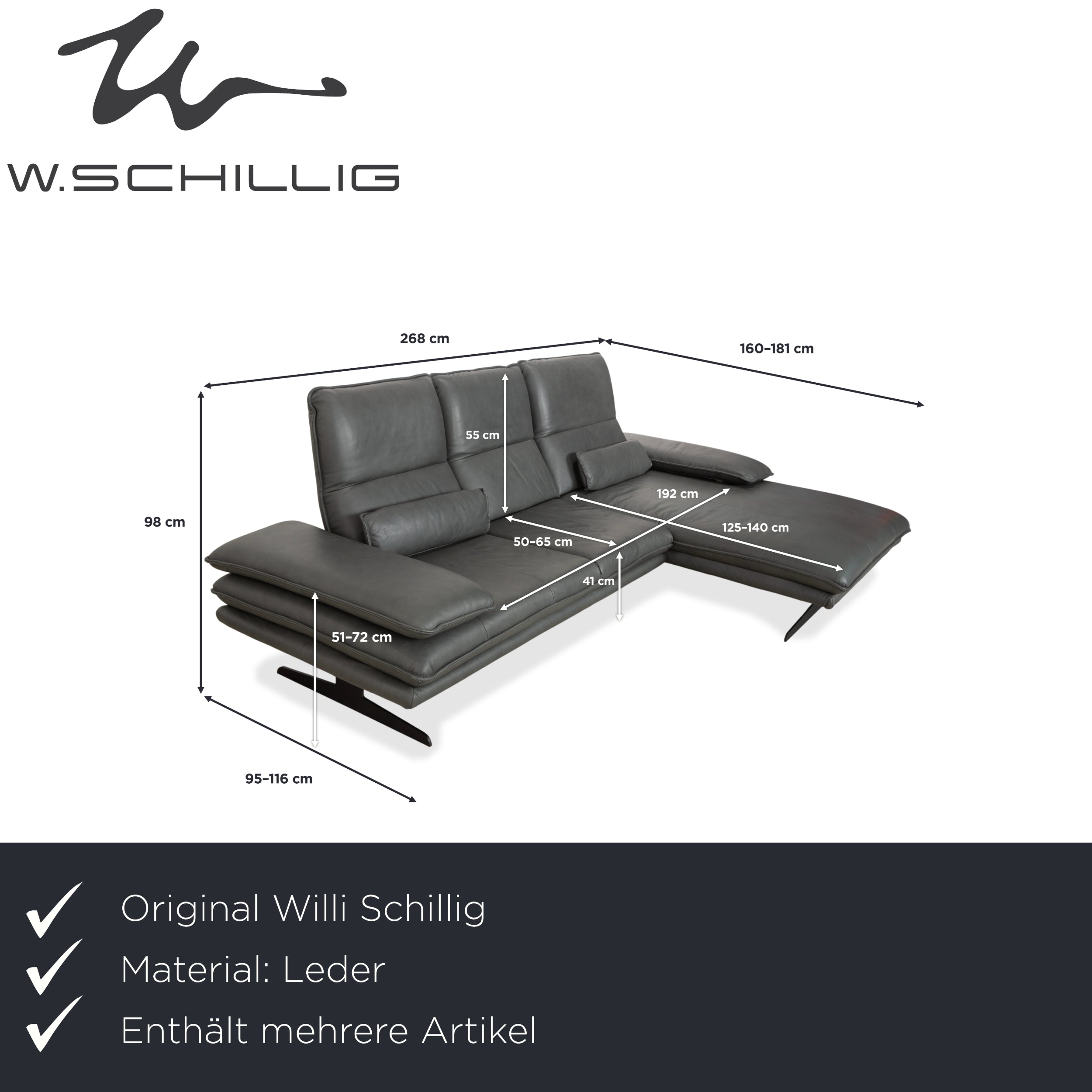 Willi Schillig Broadway Leder Ecksofa Hocker Dunkelgrau Anthrazit Sofa Couch manuelle Funktion