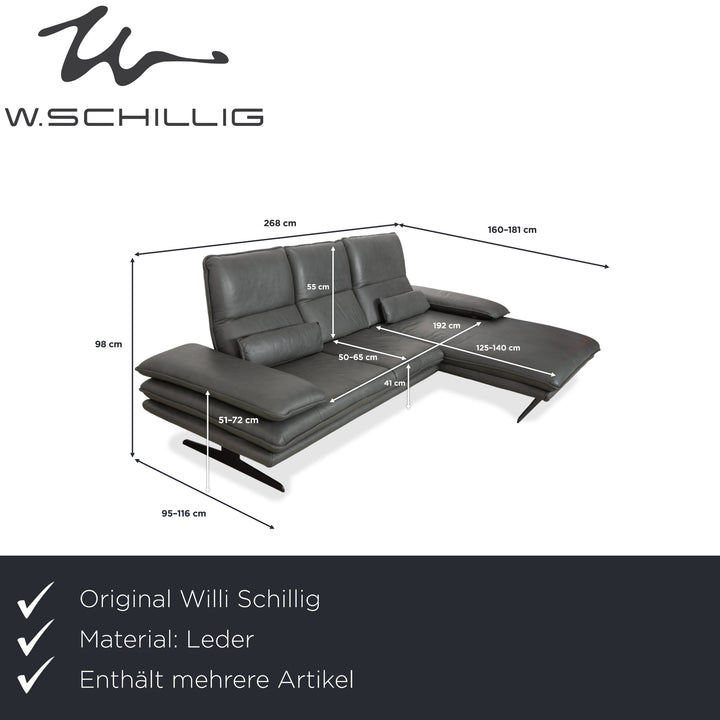 Canapé d'angle en cuir Willi Schillig Broadway avec pouf, gris anthracite foncé, fonction manuelle