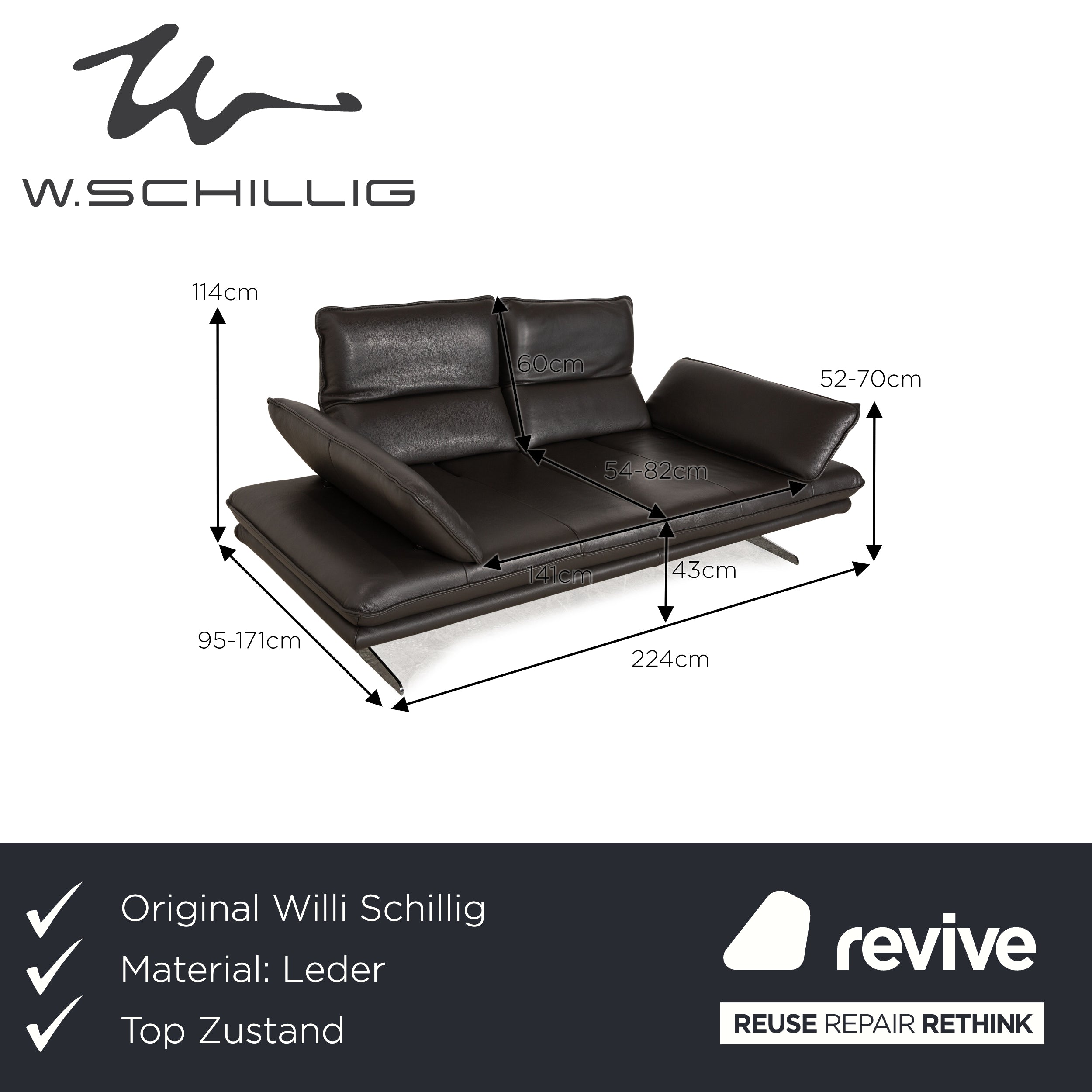 Willi Schillig Broadway Leder Zweisitzer Dunkelbraun Grau Sofa Couch manuelle Funktion