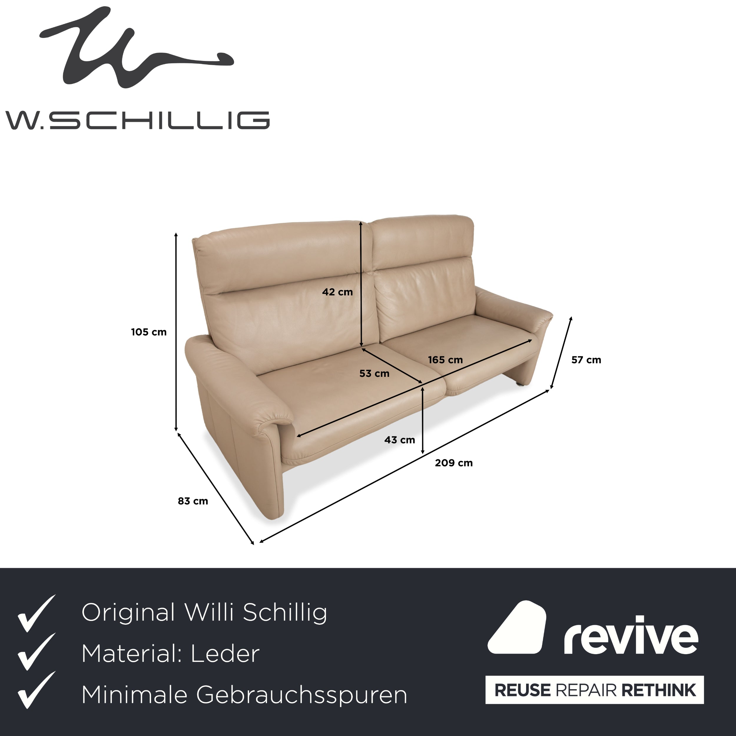 Willi Schillig Ergoline Leder Dreisitzer Creme Beige Sofa Couch