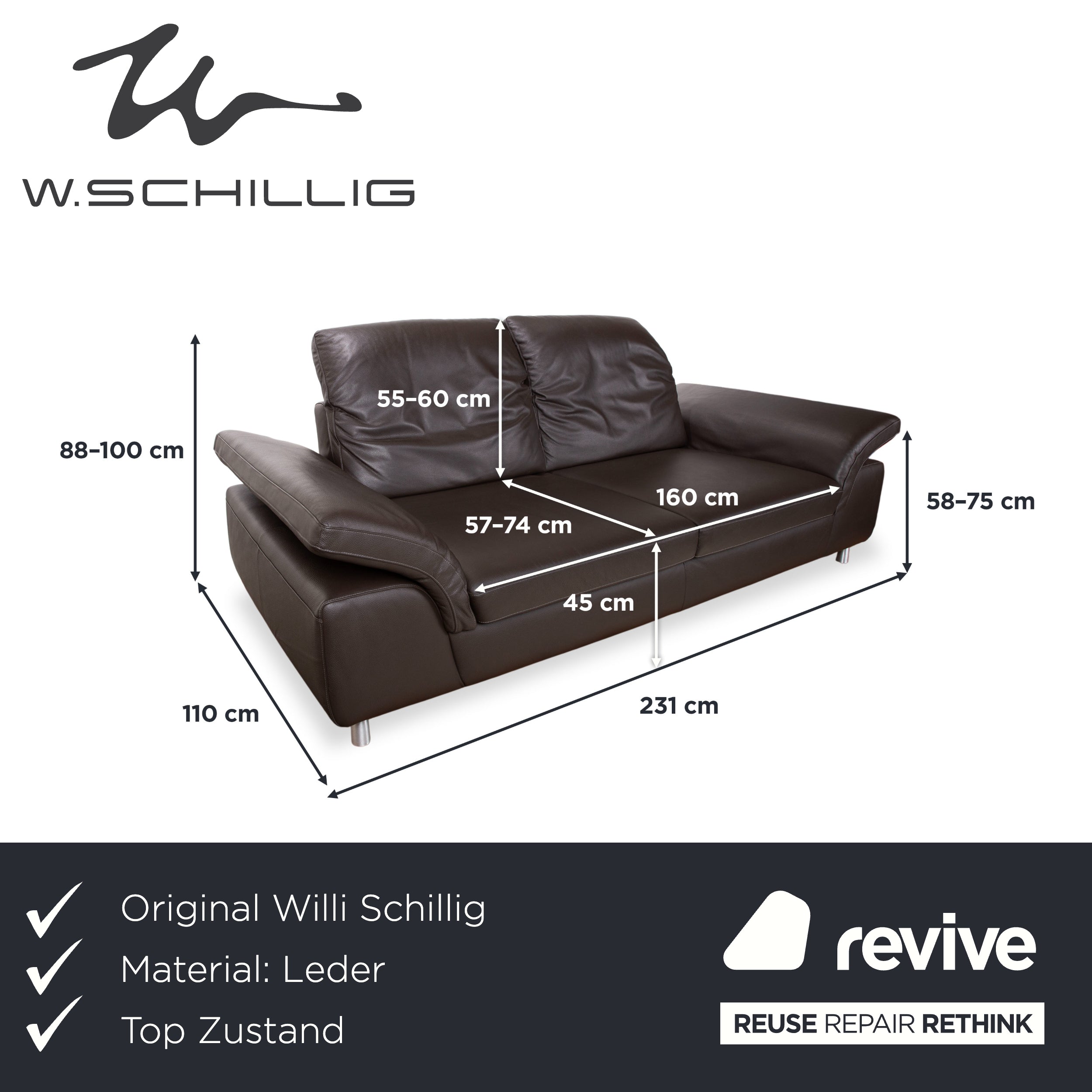 Willi Schillig læder trepersoners sofa brun mørkebrun sofa med manuel funktion