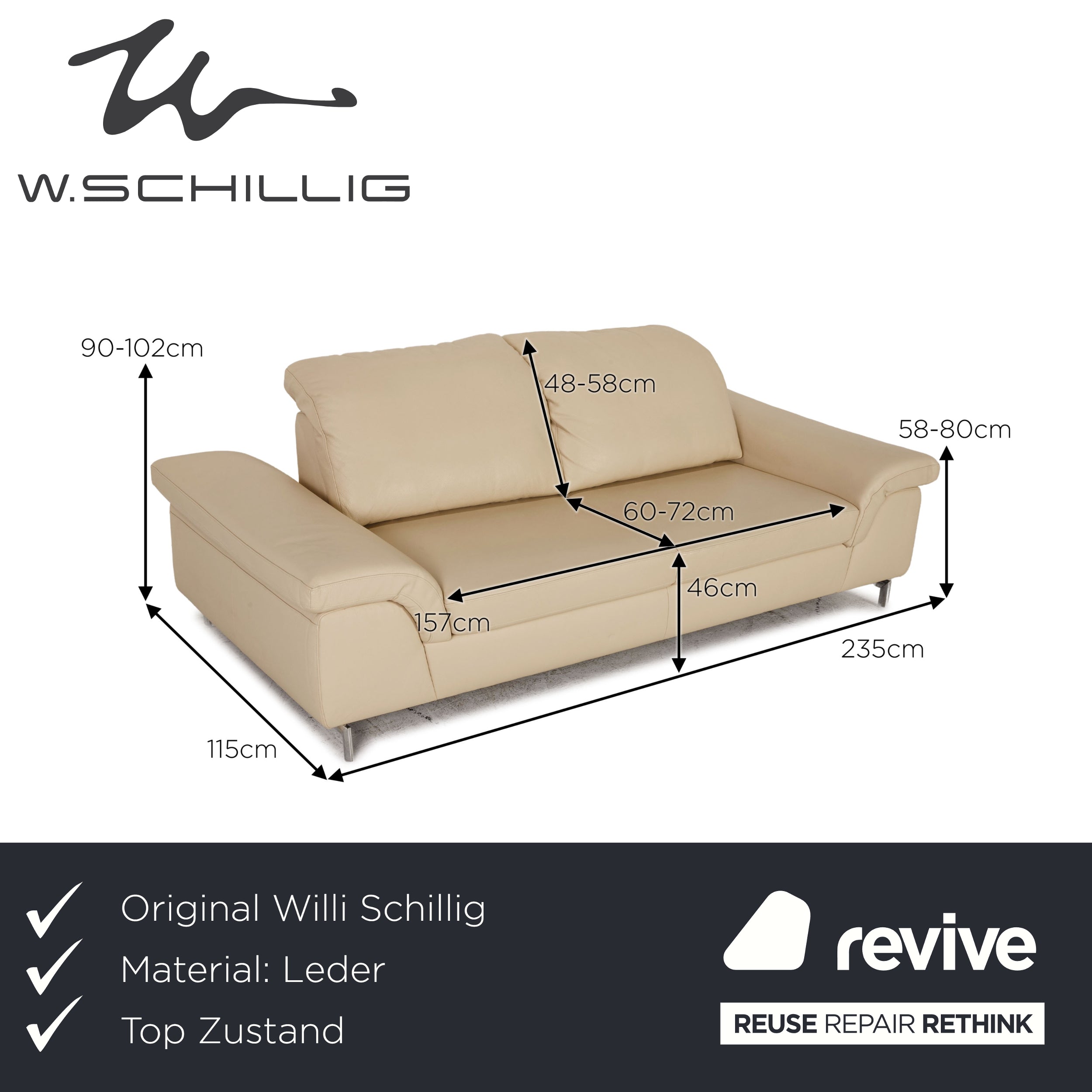 Willi Schillig Leder Dreisitzer Creme Sofa Couch Funktion