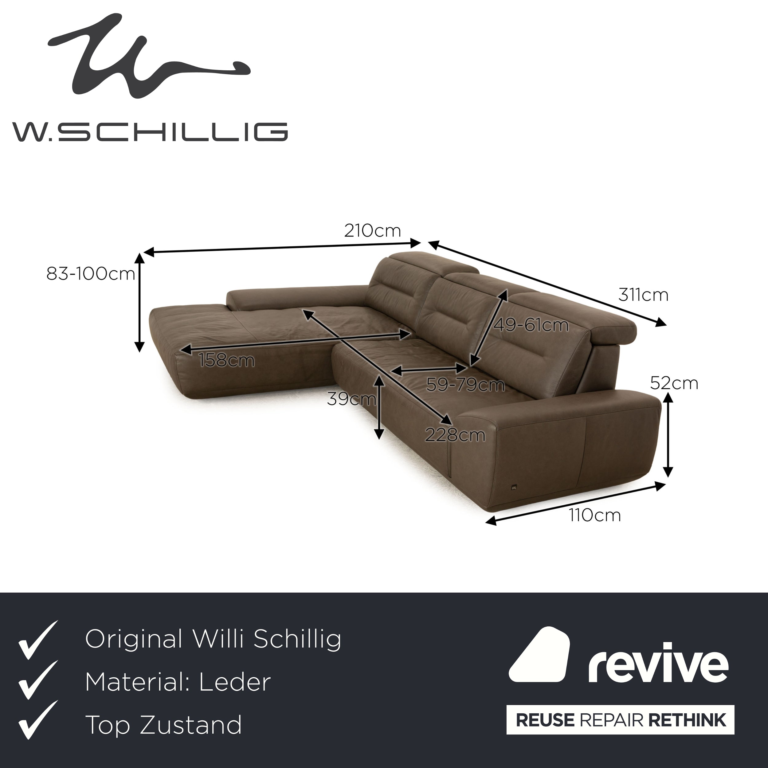 Willi Schillig Leder Ecksofa Braun elektrische Funktion Recamiere Links Sofa Couch für Interliving