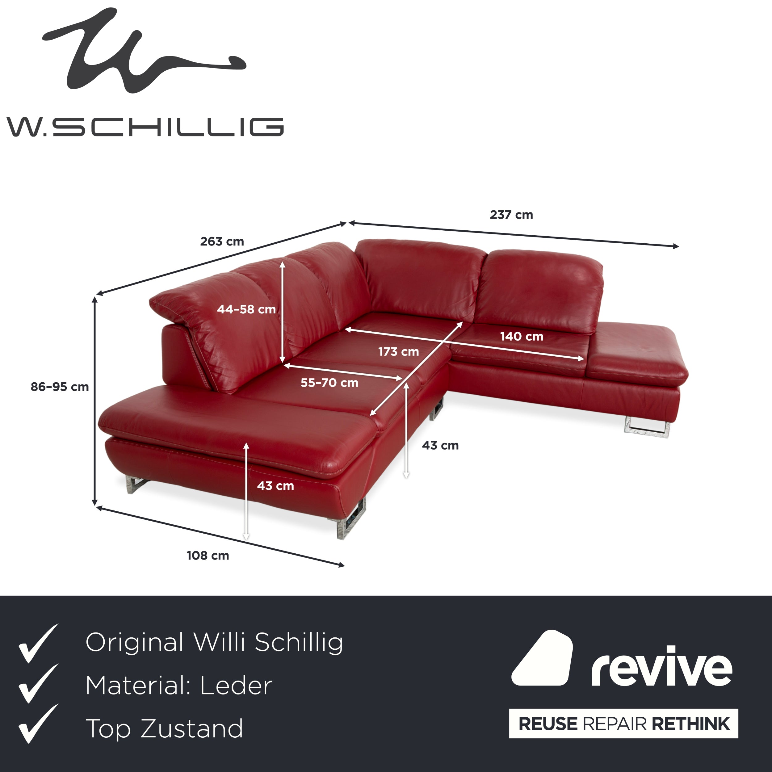 Willi Schillig Leder Chrom Ecksofa Rot Sofa Couch manuelle Funktion