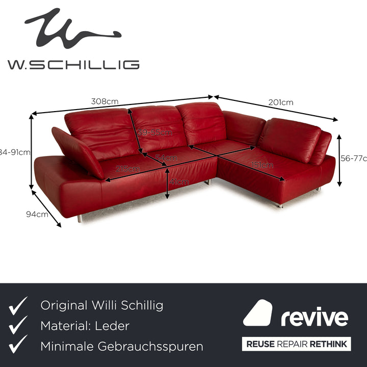 Willi Schillig leather corner sofa red sofa couch manual function chaise longue right