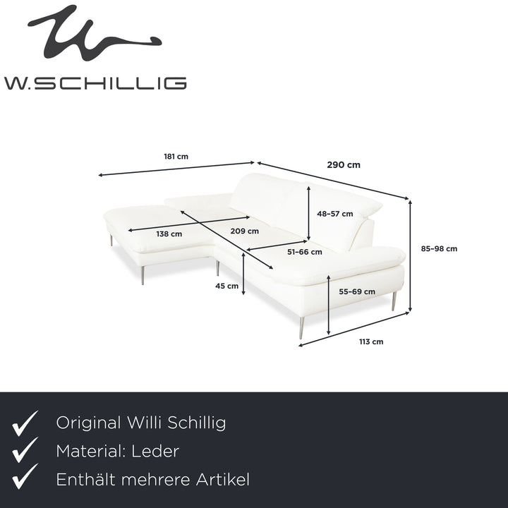 Canapé d'angle en cuir Willi Schillig, blanc, pouf, méridienne à réglage manuel, gauche