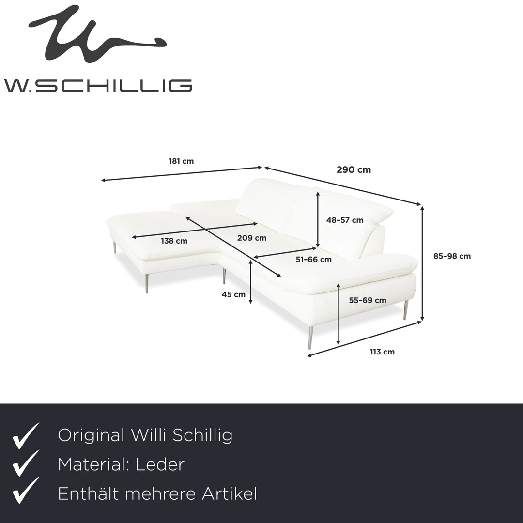 Canapé d'angle en cuir Willi Schillig, blanc, pouf, méridienne à réglage manuel, gauche