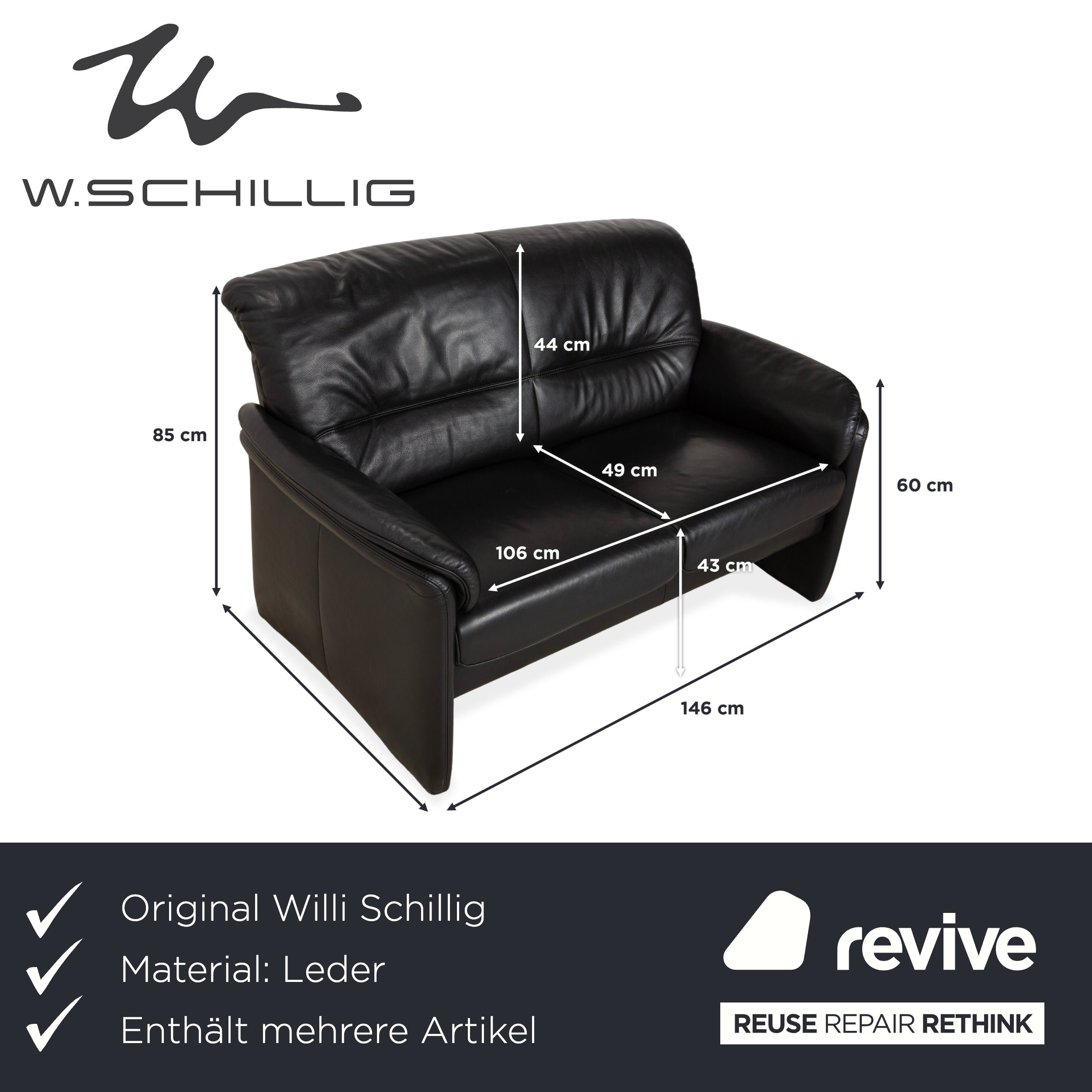 Willi Schillig Leder Garnitur Dreisitzer und Zweisitzer Schwarz Sofa Couch