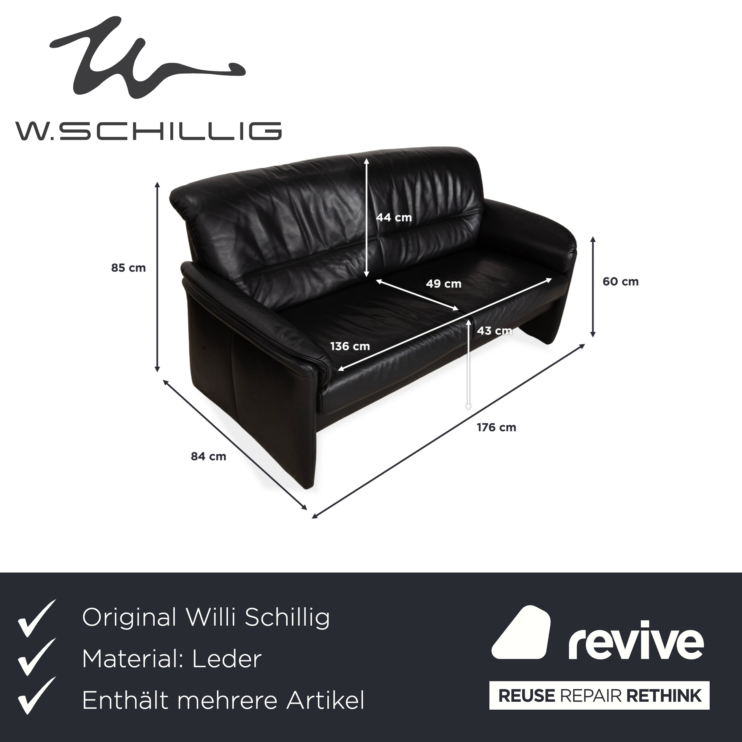 Willi Schillig Leder Garnitur Dreisitzer und Zweisitzer Schwarz Sofa Couch