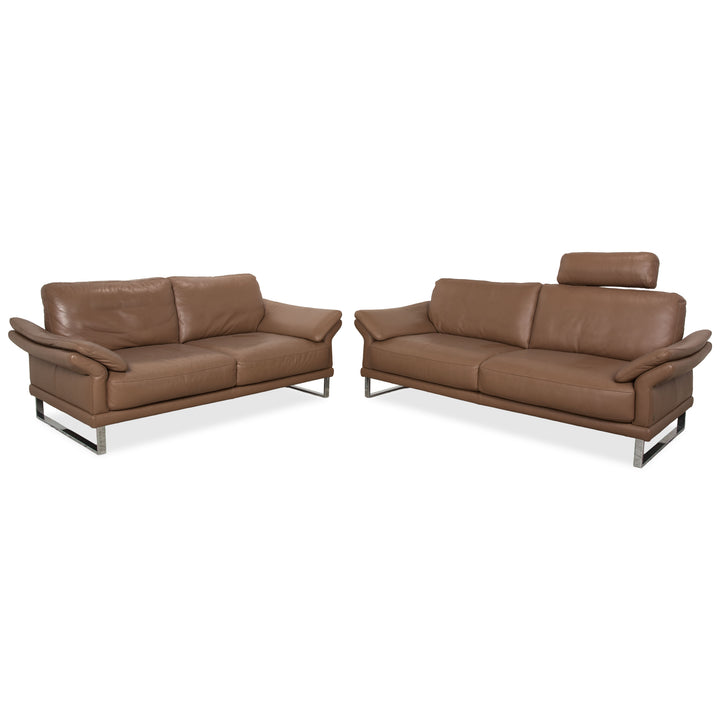 Willi Schillig Leather Suite Three-Seater &amp; Two-Seater Brown Taupe Sofa Couch Manual Function
