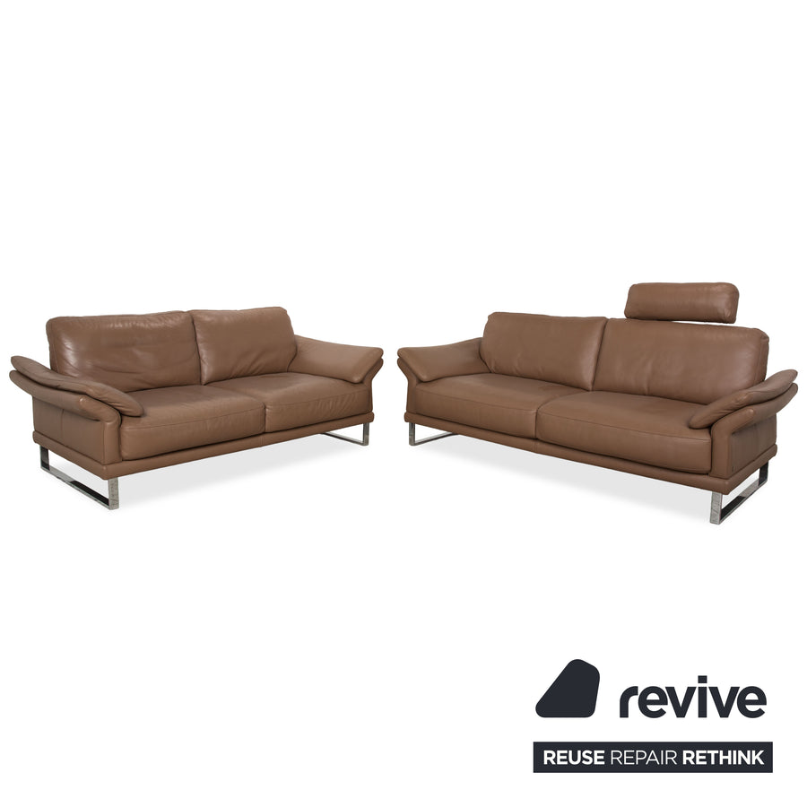 Willi Schillig Leder Garnitur Dreisitzer & Zweisitzer Braun Taupe Sofa Couch manuelle Funktion