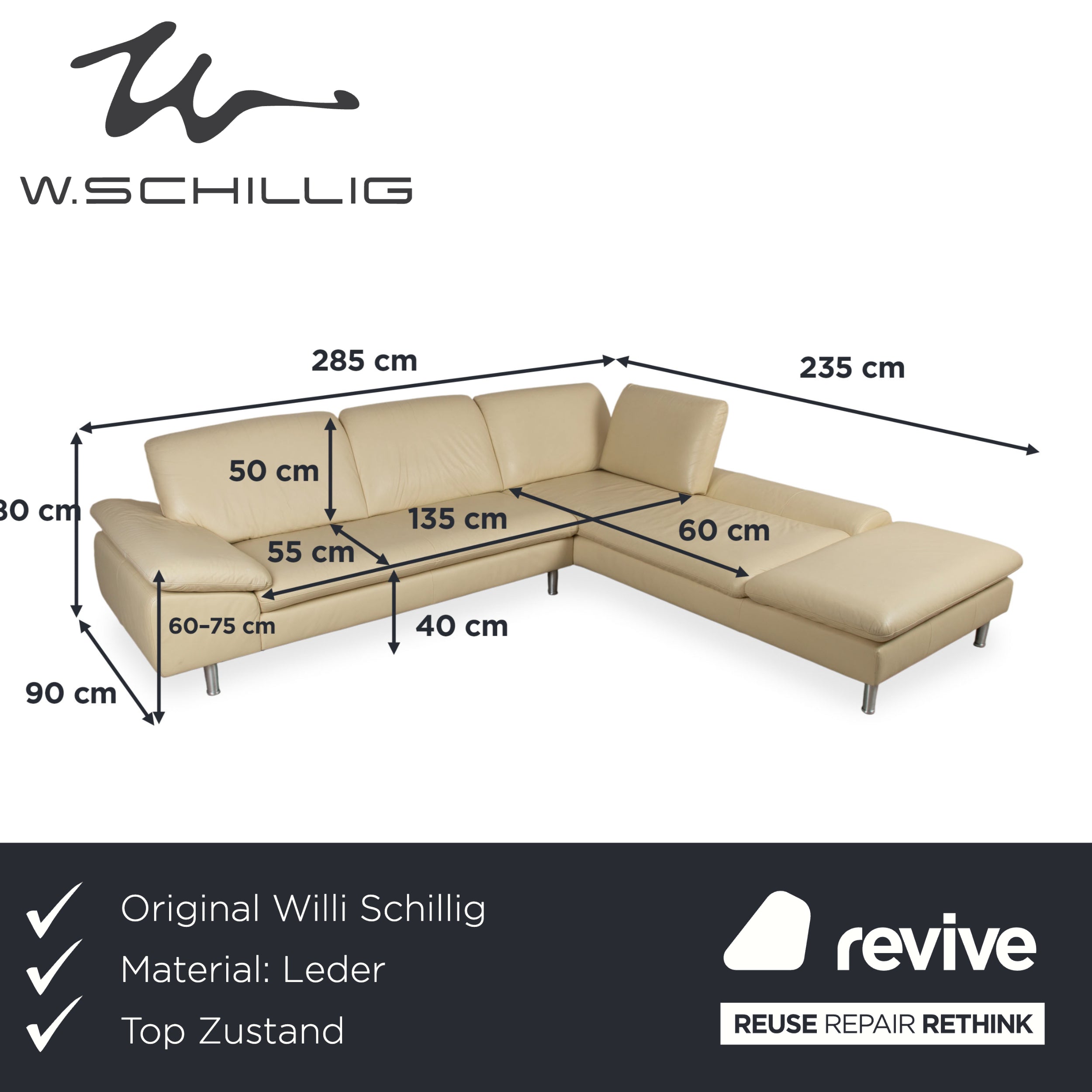 Willi Schillig Loop Designer Leder Sofa Creme Beige Echtleder Ecksofa Couch manuelle Funktion