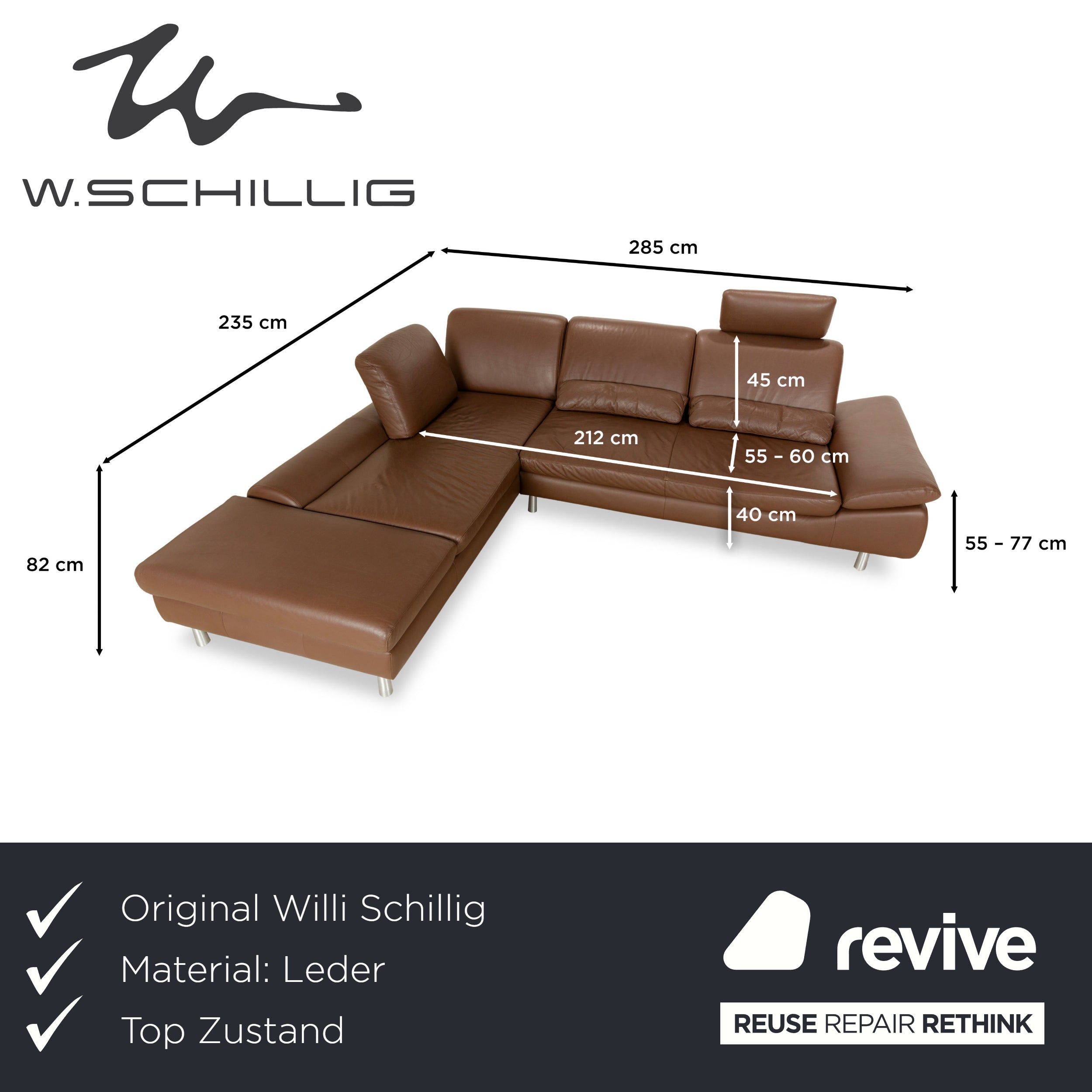 Willi Schillig Loop Leder Ecksofa Sofa Couch Braun Récamière Links manuelle Funktion