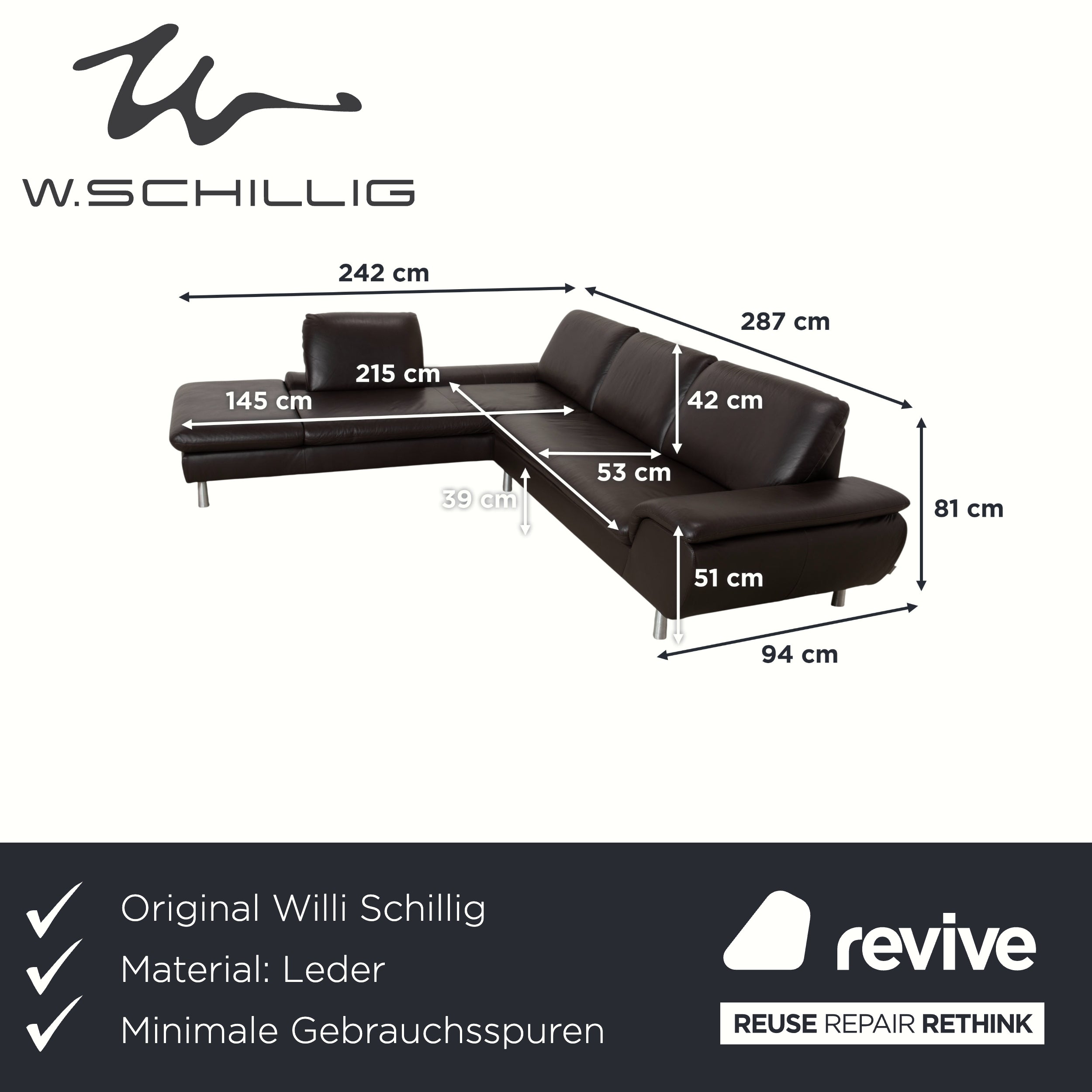 Willi Schillig Loop Canapé d'angle en cuir marron foncé avec fonction manuelle