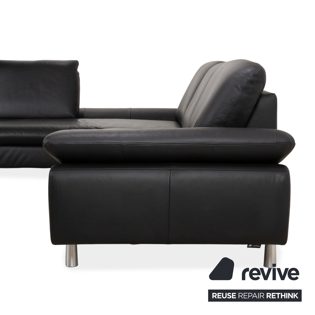 Canapé d'angle Willi Schillig en cuir bouclé avec pouf, noir/anthracite, canapé, fonction manuelle