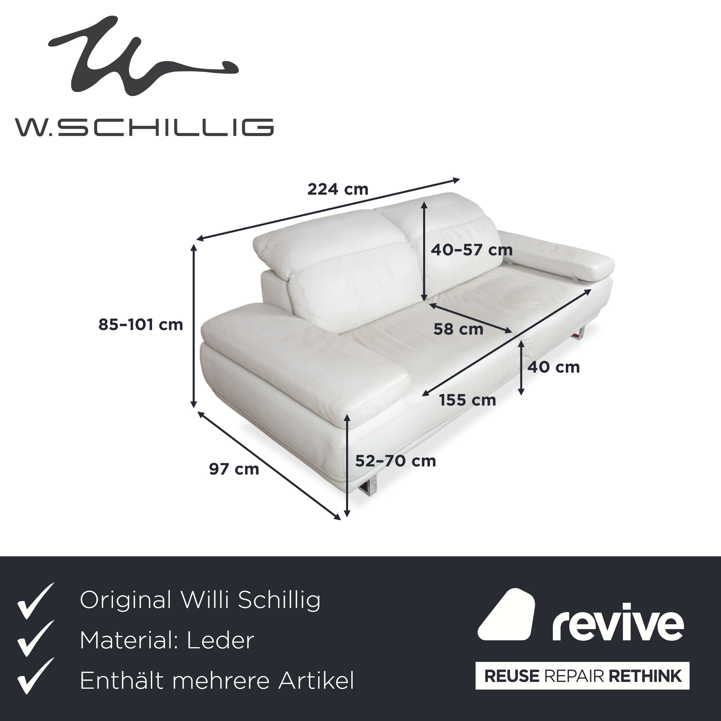 Willi Schillig Magnolia Leather Suite Three and Two-seater Light Grey Bone Manual Function Sofa Couch