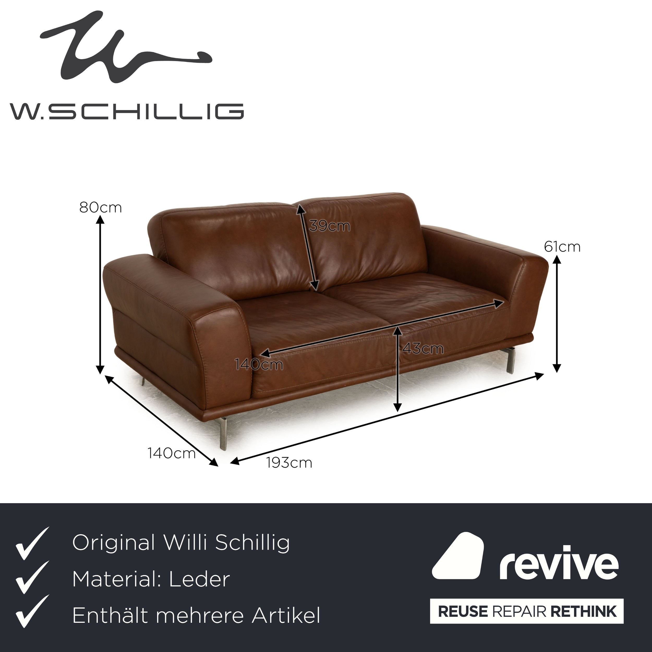 Willi Schillig Montanaa Leather Sofa Set Brown Two-Seater Couch