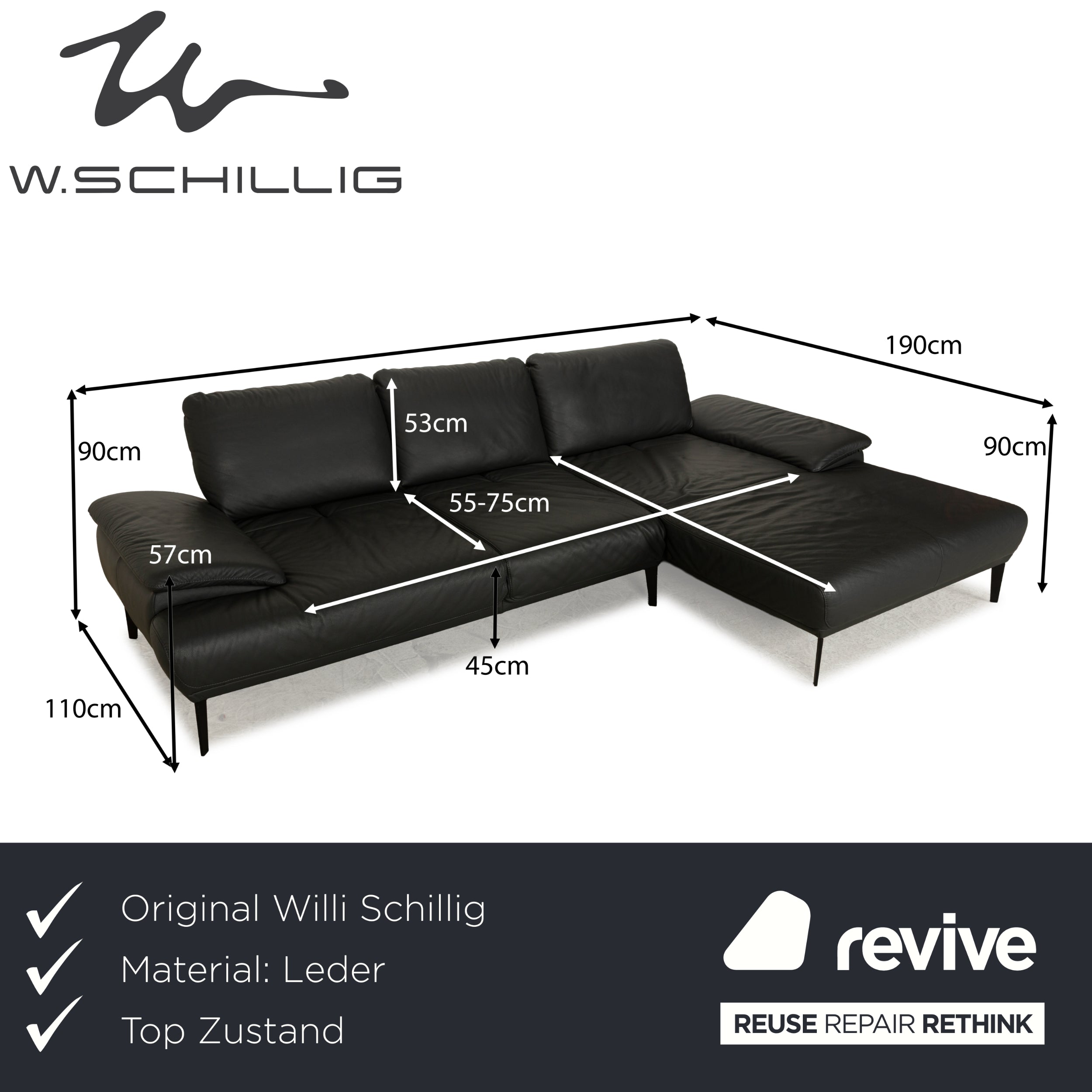 Willi Schillig Samiraa Leder Ecksofa Schwarz Récamière rechts Sofa Couch