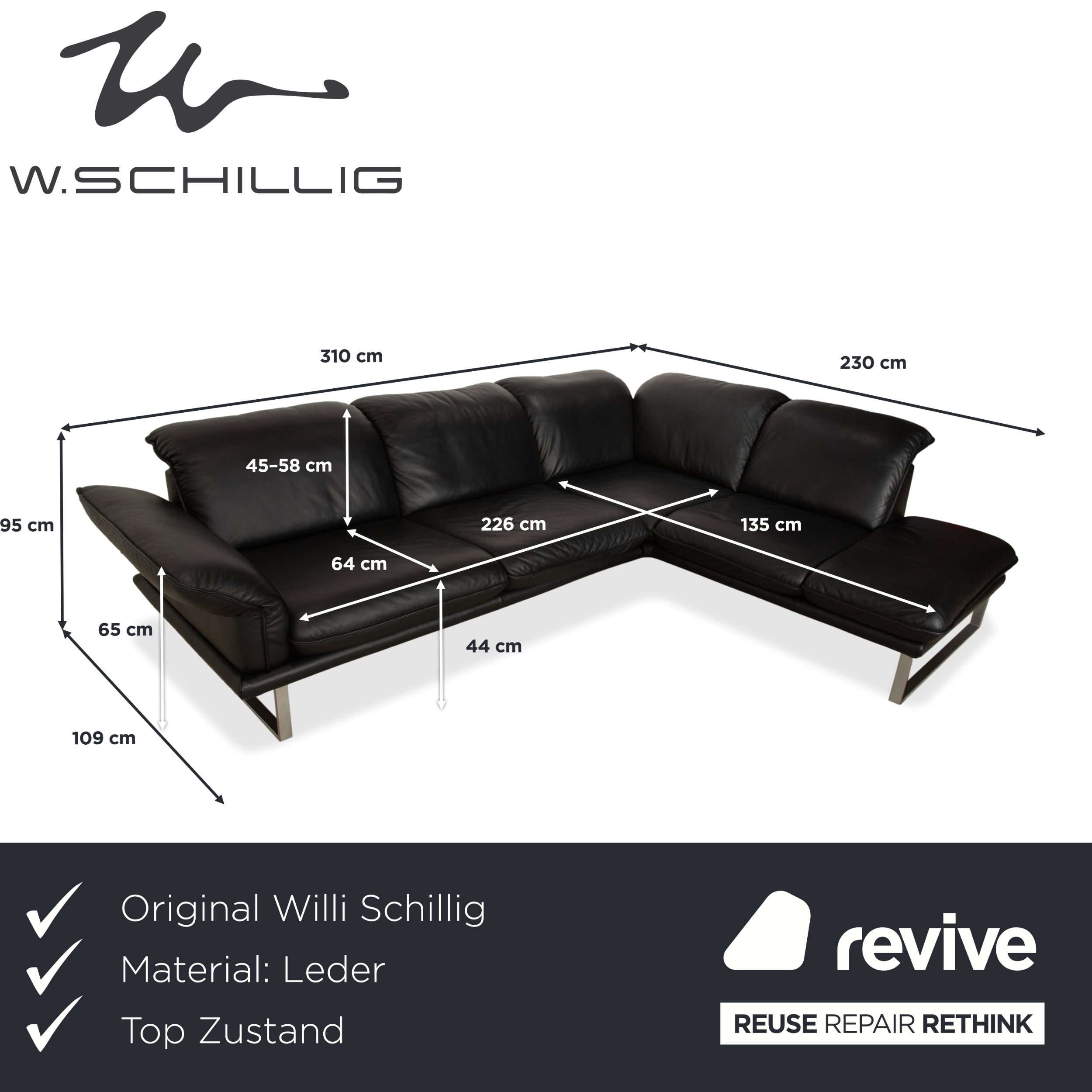 Willi Schillig Sherry Leder Ecksofa Schwarz Sofa Couch manuelle Funktion
