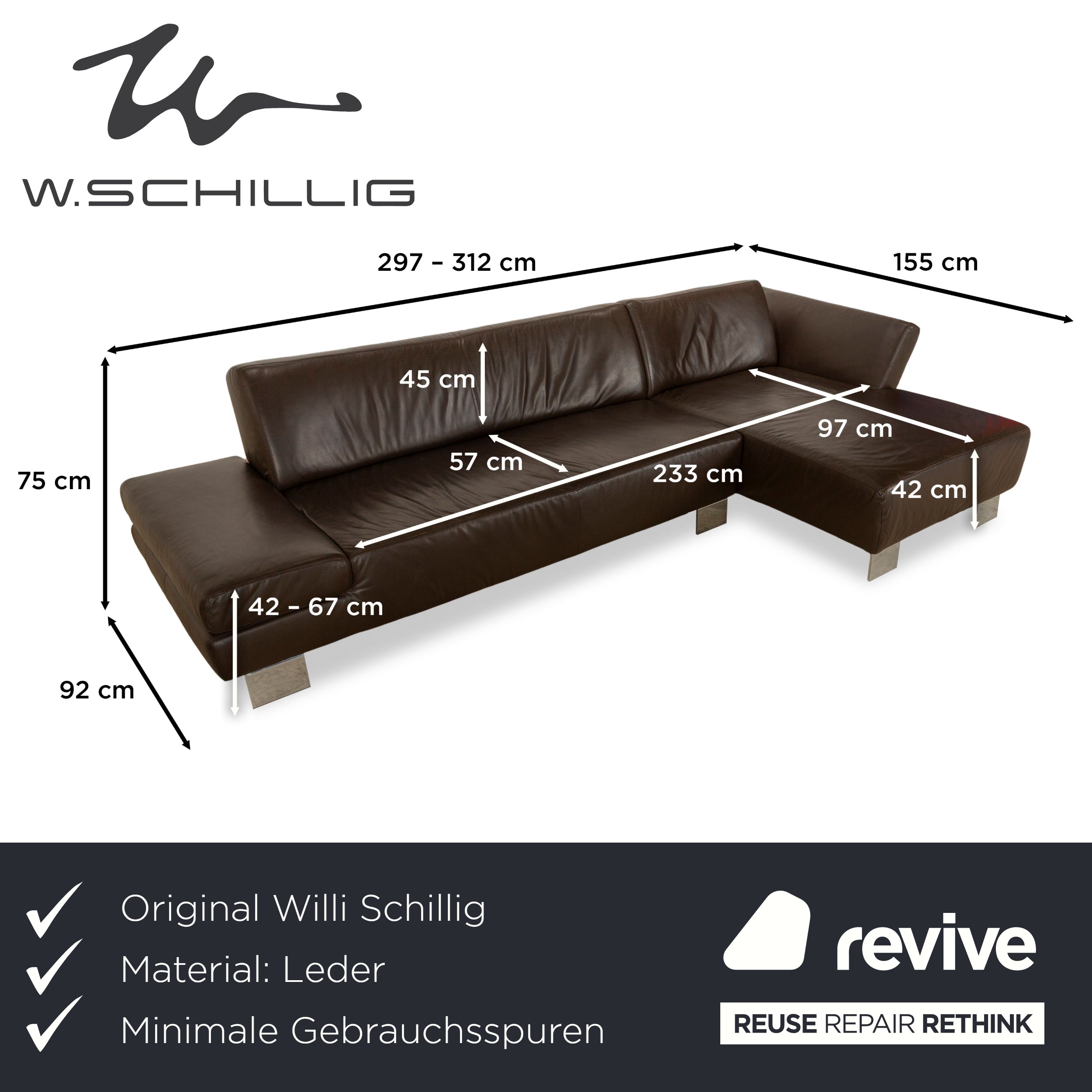 Willi Schillig Taboo Leder Ecksofa Braun Récamière rechts manuelle Funktion Sofa Couch