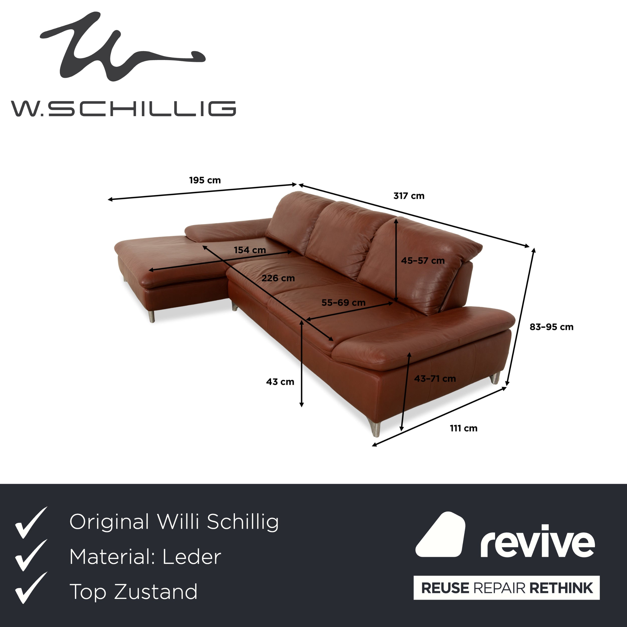 Willi Schillig Taoo Leder Ecksofa Braun Kastanie manuelle Funktion Sofa Couch