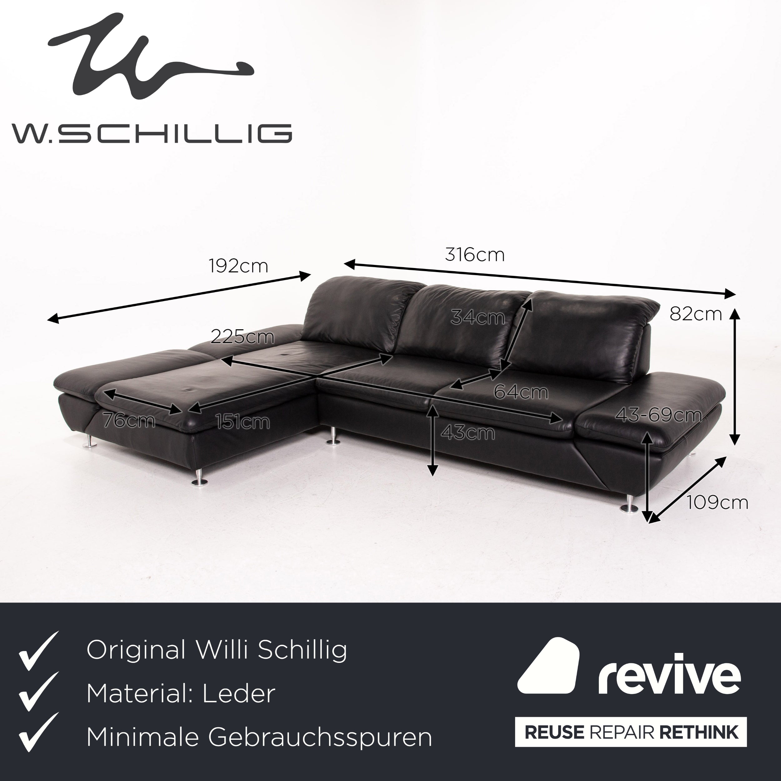 Willi Schillig Taoo Leder Ecksofa Schwarz Sofa Funktion Couch #14570