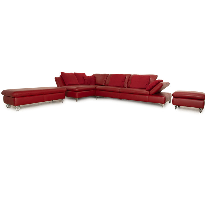 Willi Schillig Taoo Leder Sofa Garnitur Rot Hocker Ecksofa manuelle Funktion Recamiere Links Sofa Couch