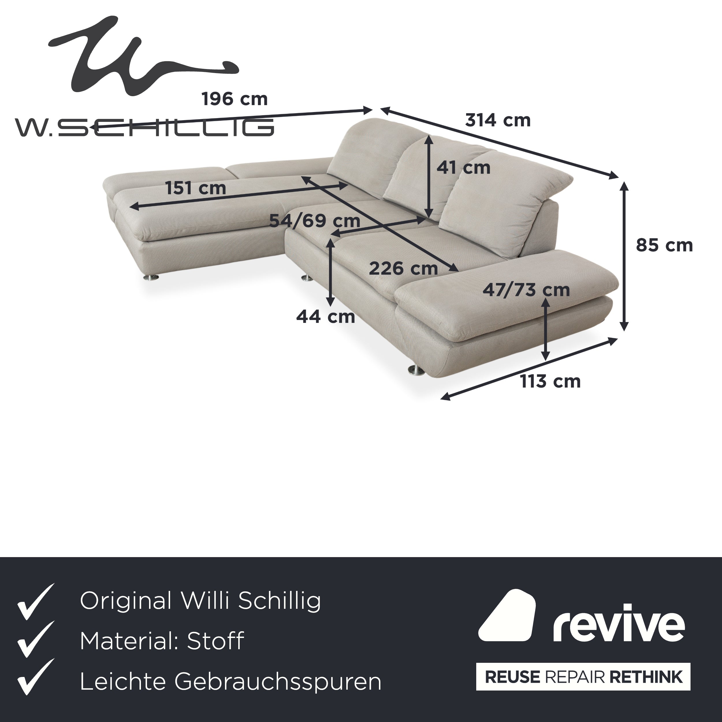 Canapé d'angle en tissu gris Willi Schillig Taoo, fonction manuelle