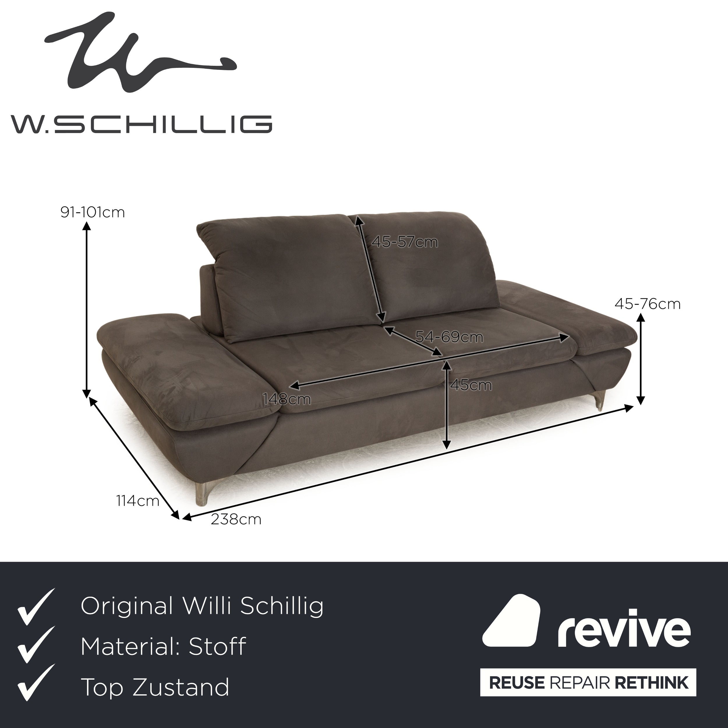 Willi Schillig Viola Stoff Dreisitzer Grau manuelle Funktion Sofa Couch