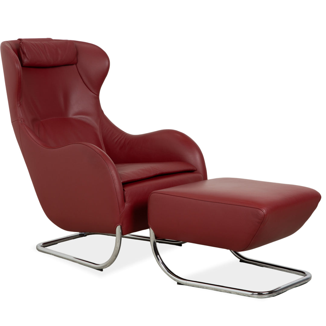Wittmann Jolly leather armchair, red wine red, chrome burgundy, including footstool.