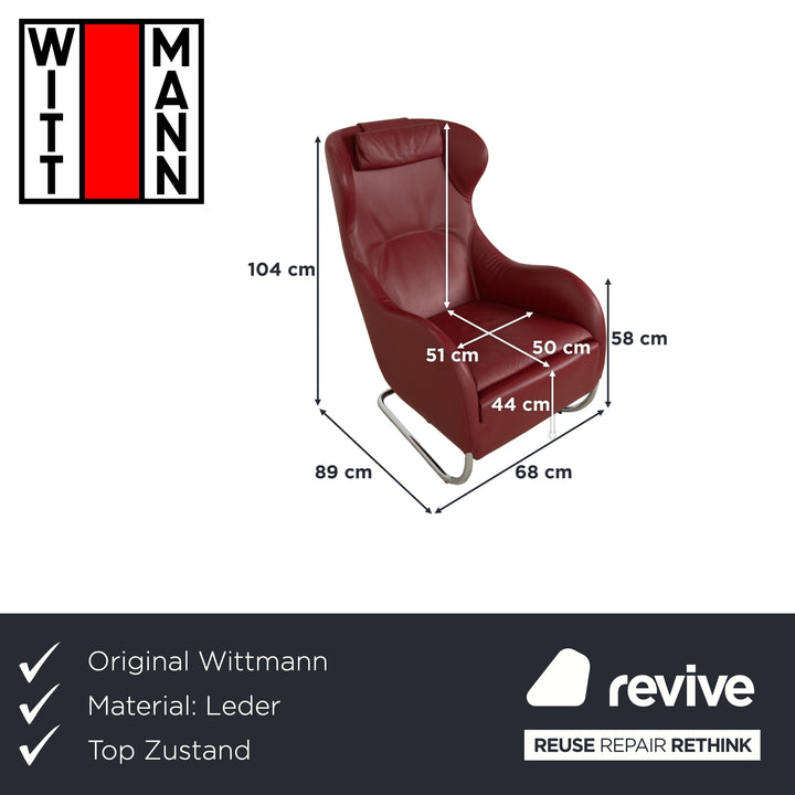 Wittmann Jolly leather armchair, red wine red, chrome burgundy, including footstool.