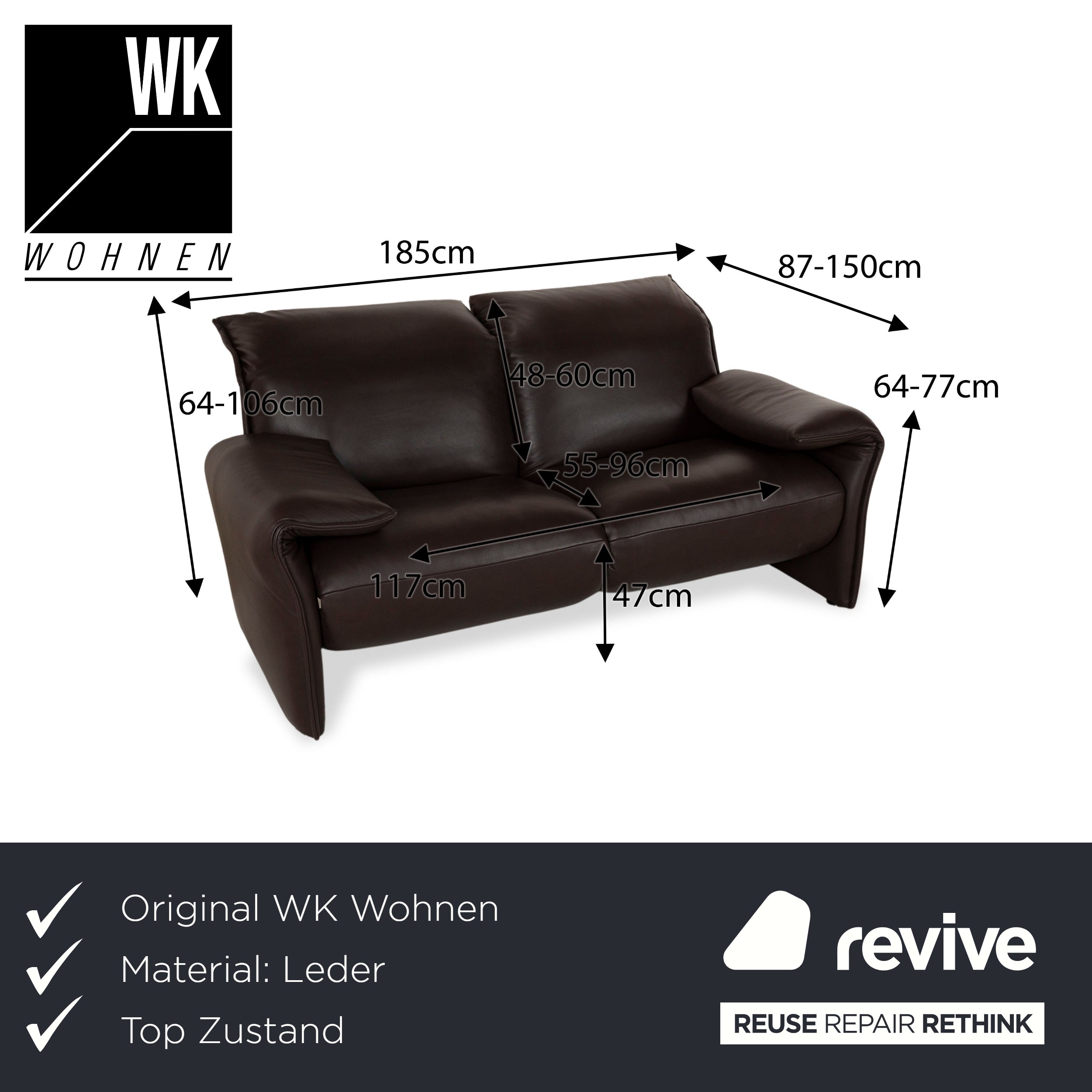 WK Wohnen 582 ELT Leder Zweisitzer Braun elektrische und manuelle Funktion Sofa Couch