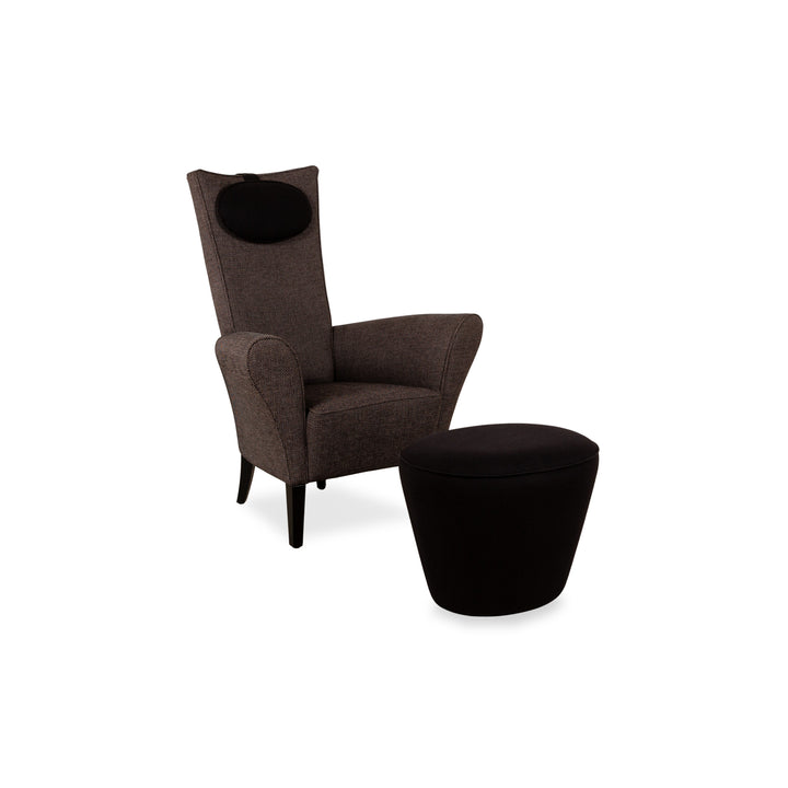 WK Wohnen Fox fauteuil en tissu marron noir avec tabouret