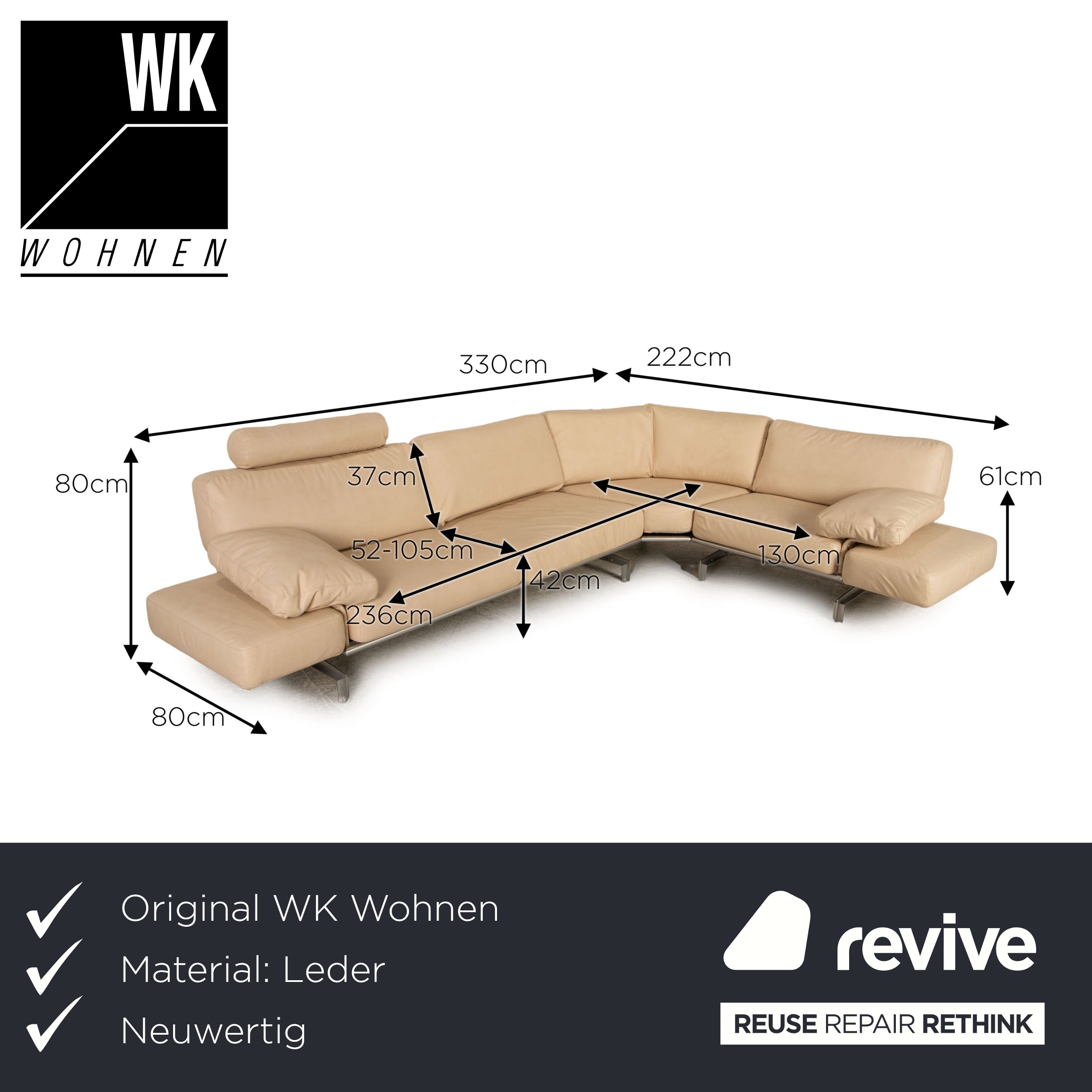 WK Wohnen Gaetano 687 vegan leather (GAVIN by Höpke) corner sofa cream relaxation function sofa couch new cover chaise longue right microfiber