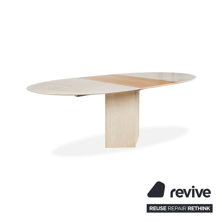 WK Wohnen Holz Esstisch Stein Travertine Creme Weiß manuelle Ausziehfunktion