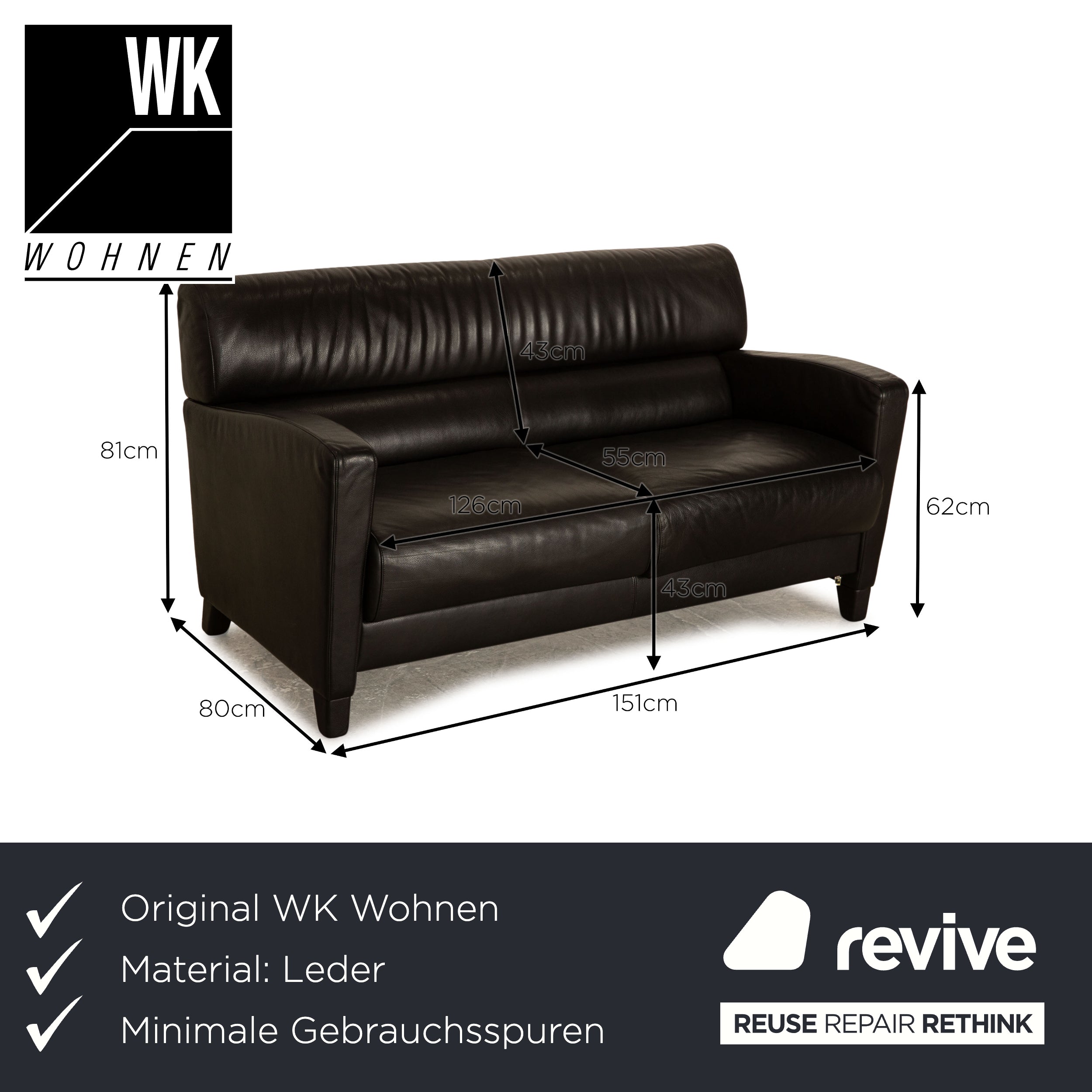 WK Wohnen Leder Zweisitzer Schwarz Sofa Couch