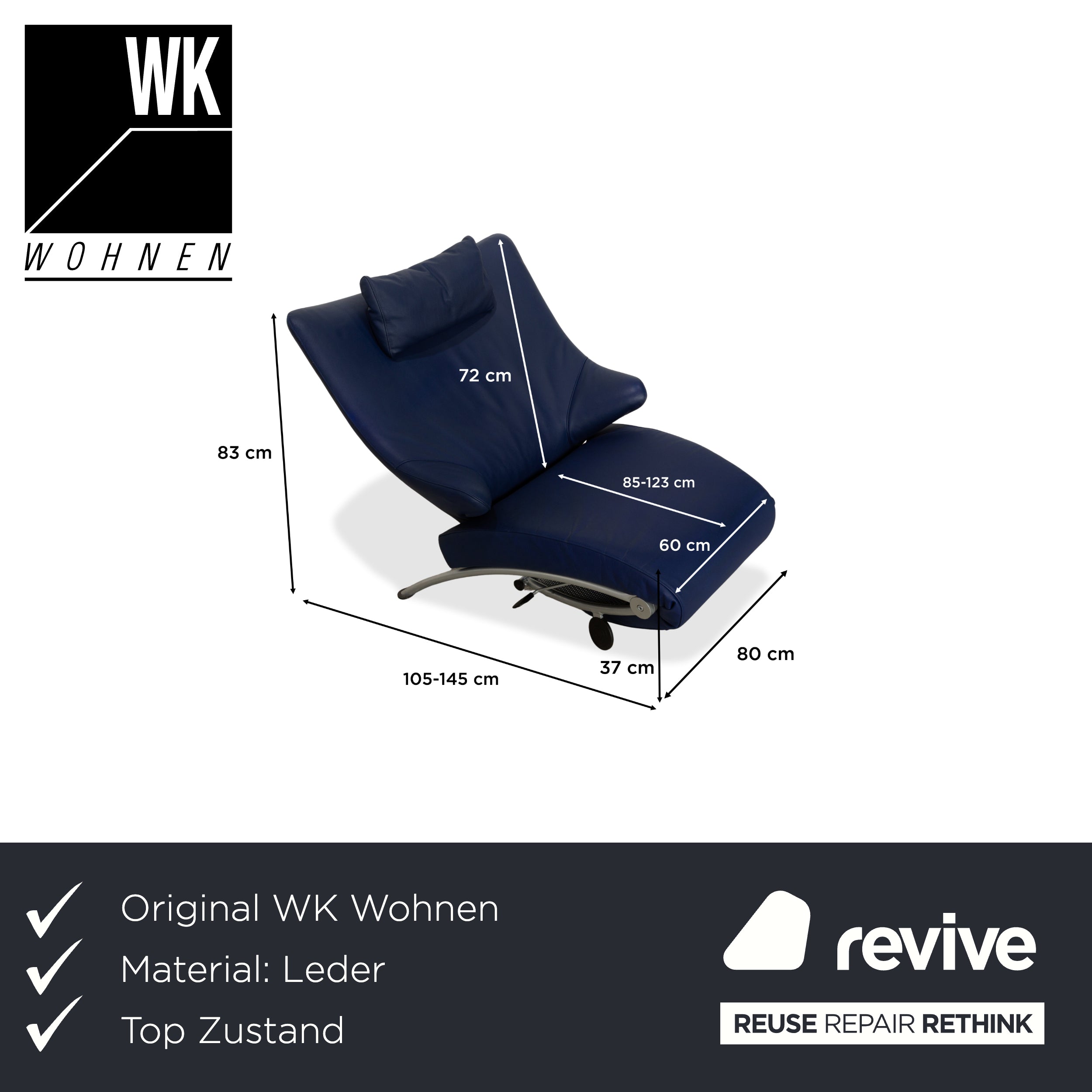 WK Wohnen Solo 699 Leder Sessel Blau manuelle Funktion Liegefunktion