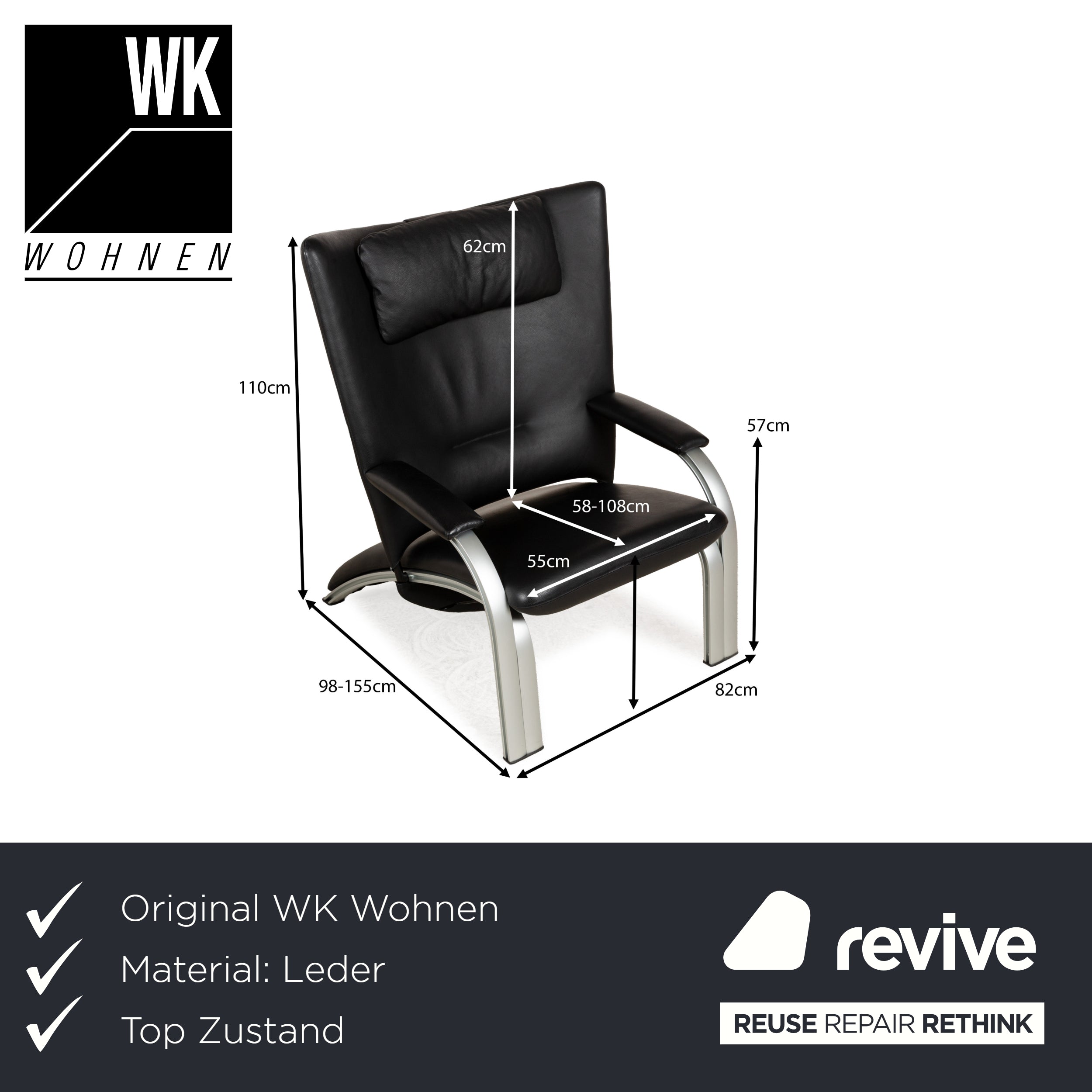 WK Wohnen Spot 698 Leder Sessel Schwarz manuelle Funktion