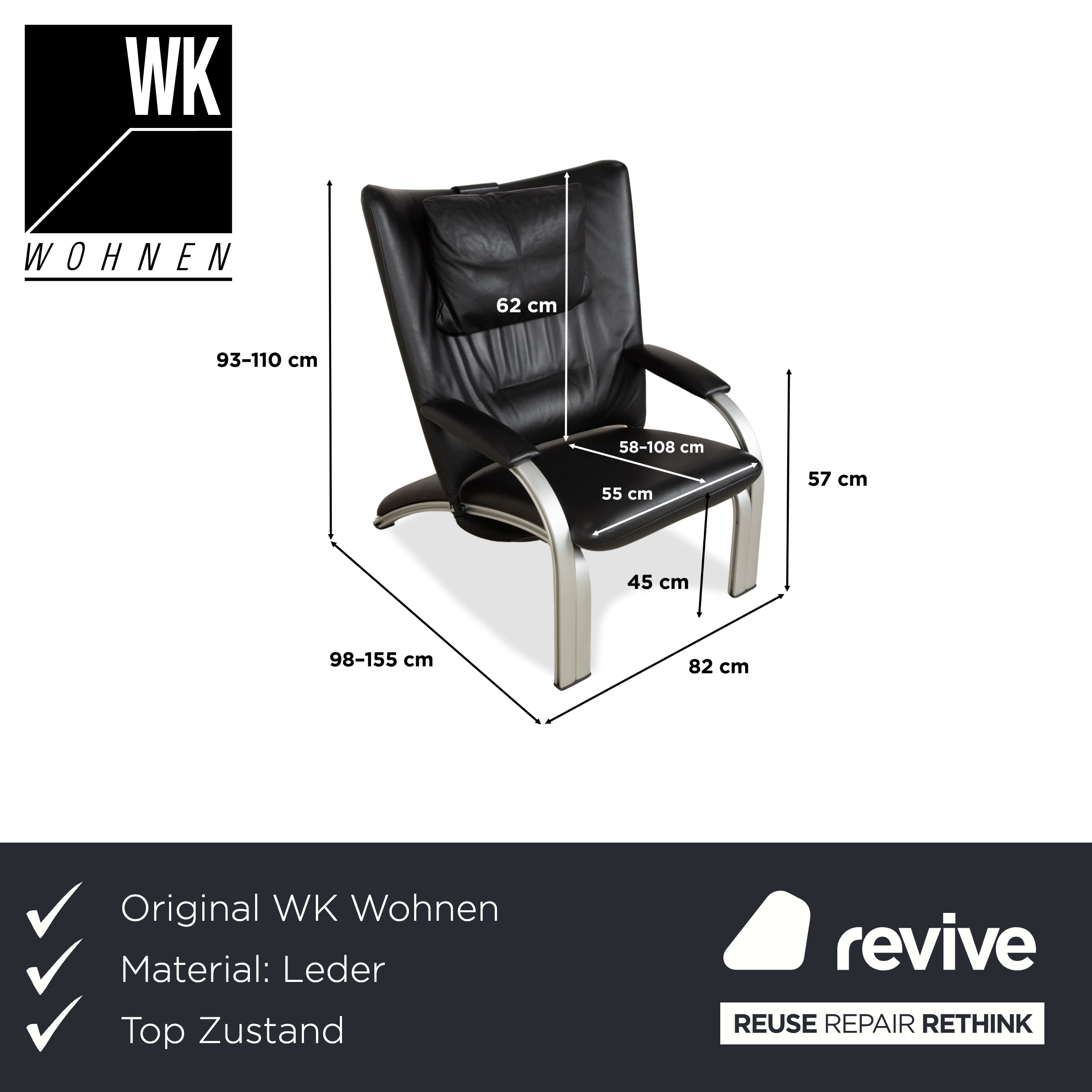 WK Wohnen Spot 698 Leder Sessel Schwarz manuelle Funktion